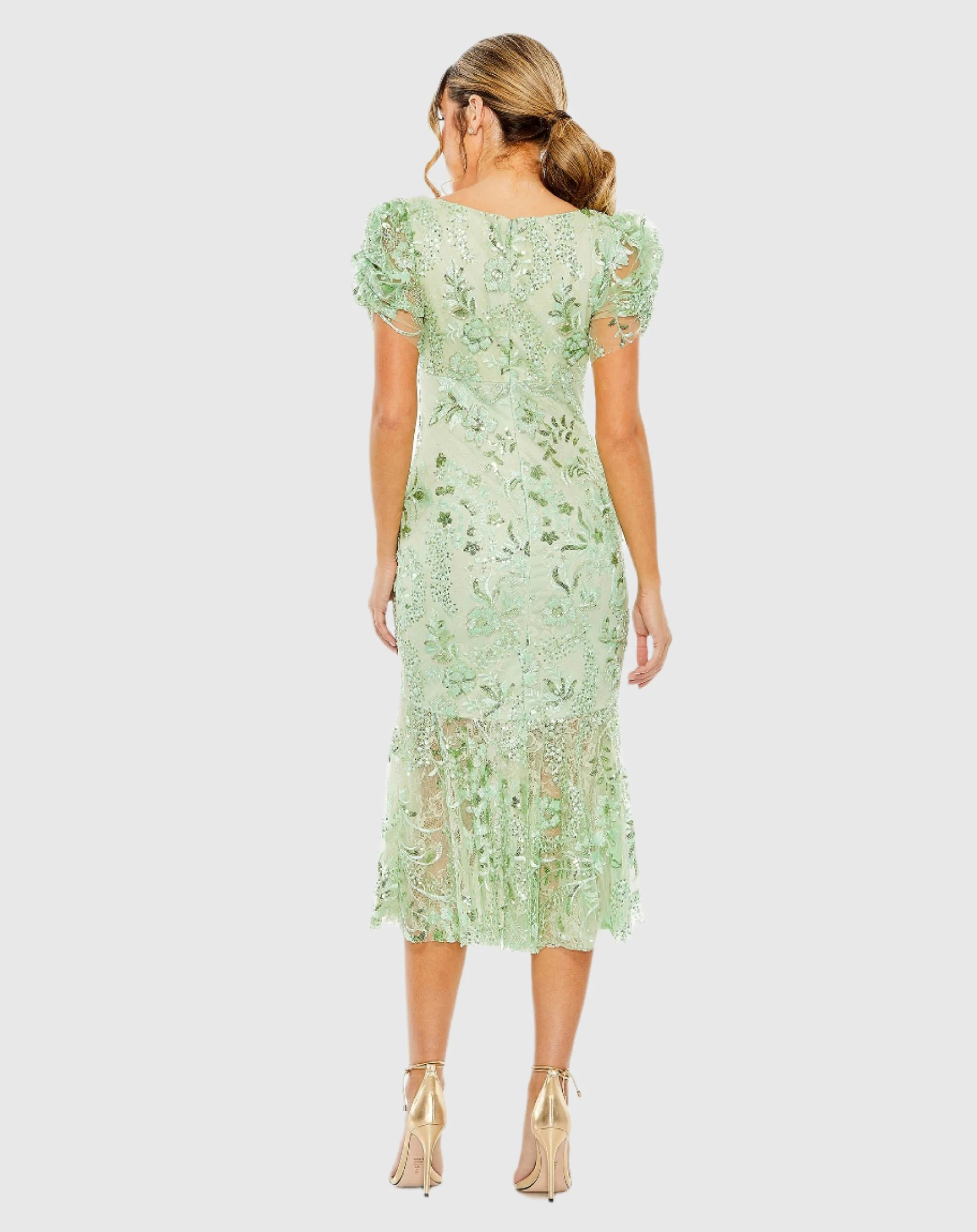 Puff Sleeve V Neck Floral Embellished Dress