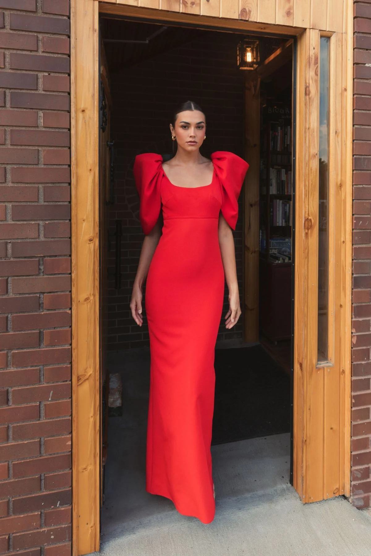 Red Fitted Crepe Scoop Neck Gown With Puff Sleeves