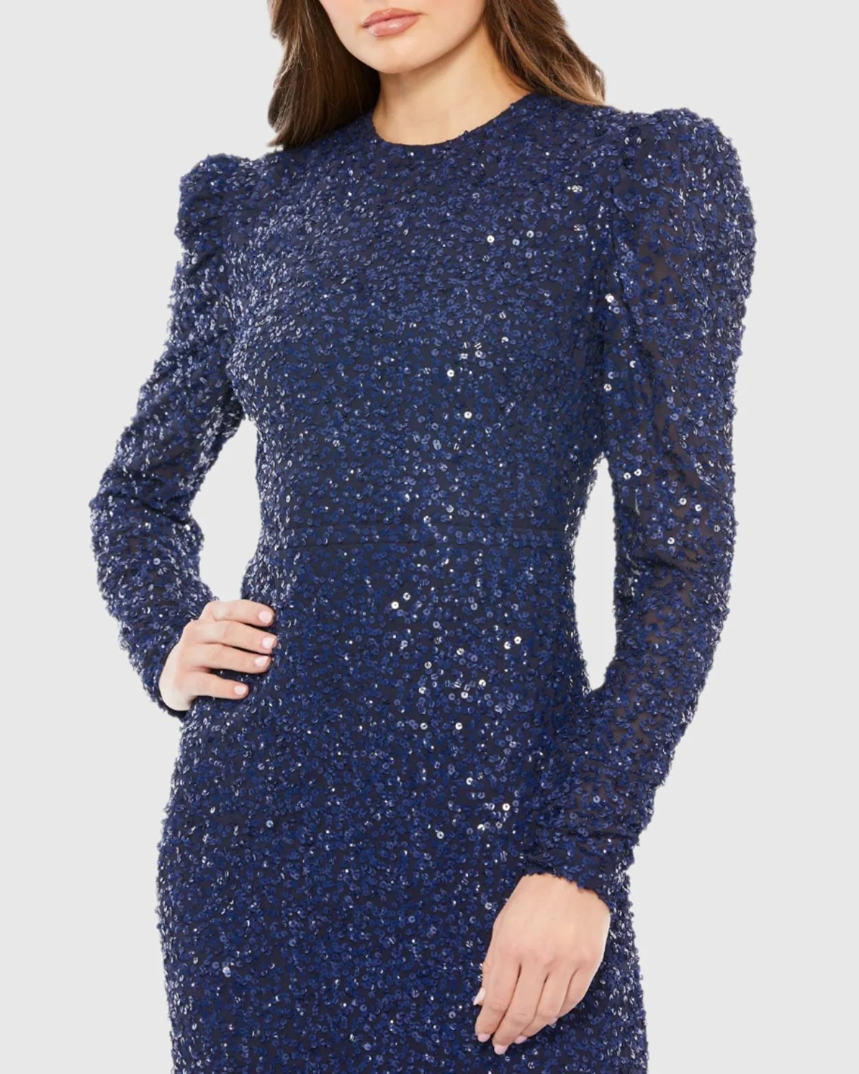 Blue Sequined Long Sleeve High Neck Trumpet Dress