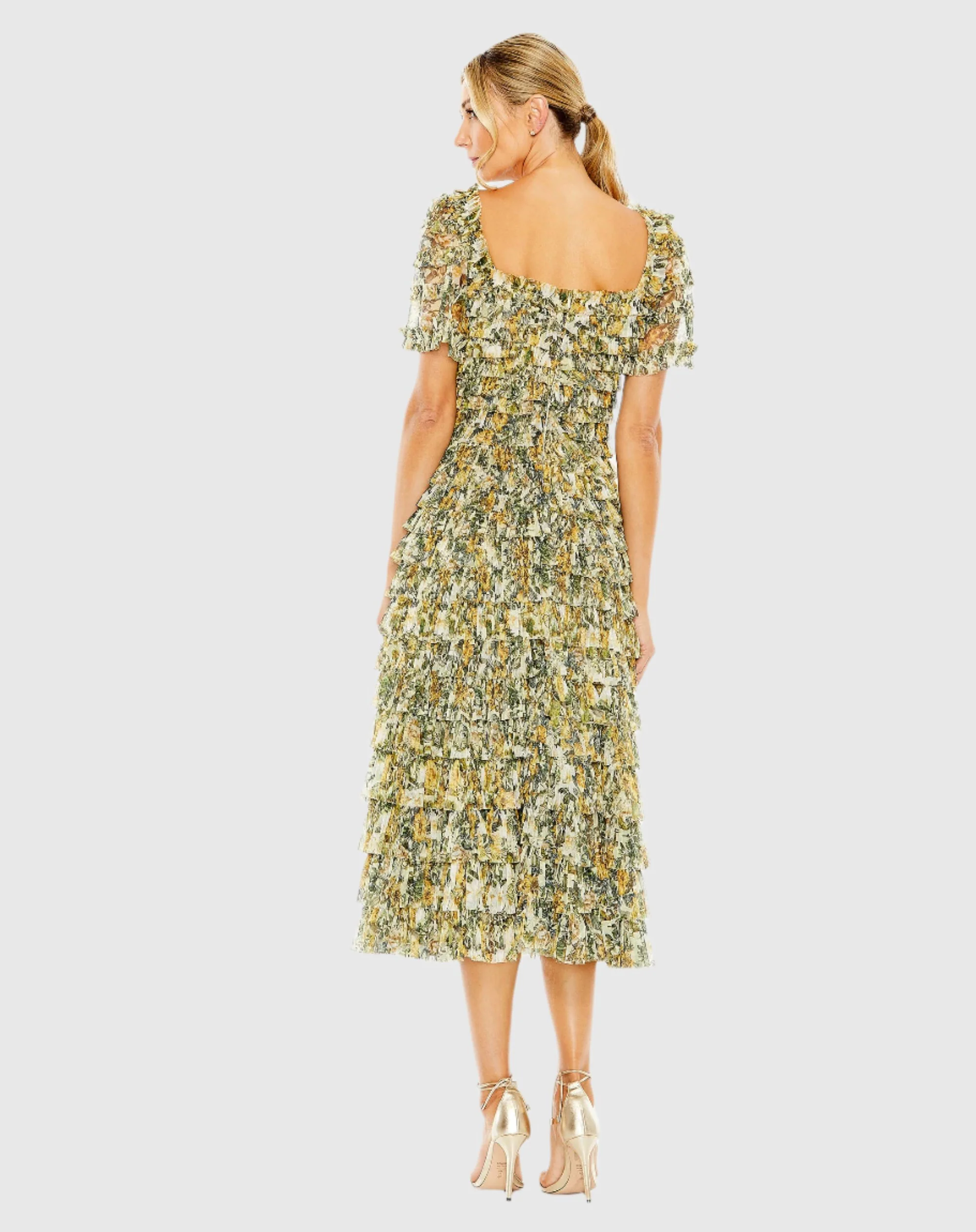 Short Sleeve Micro Ruffle Tea Length Dress