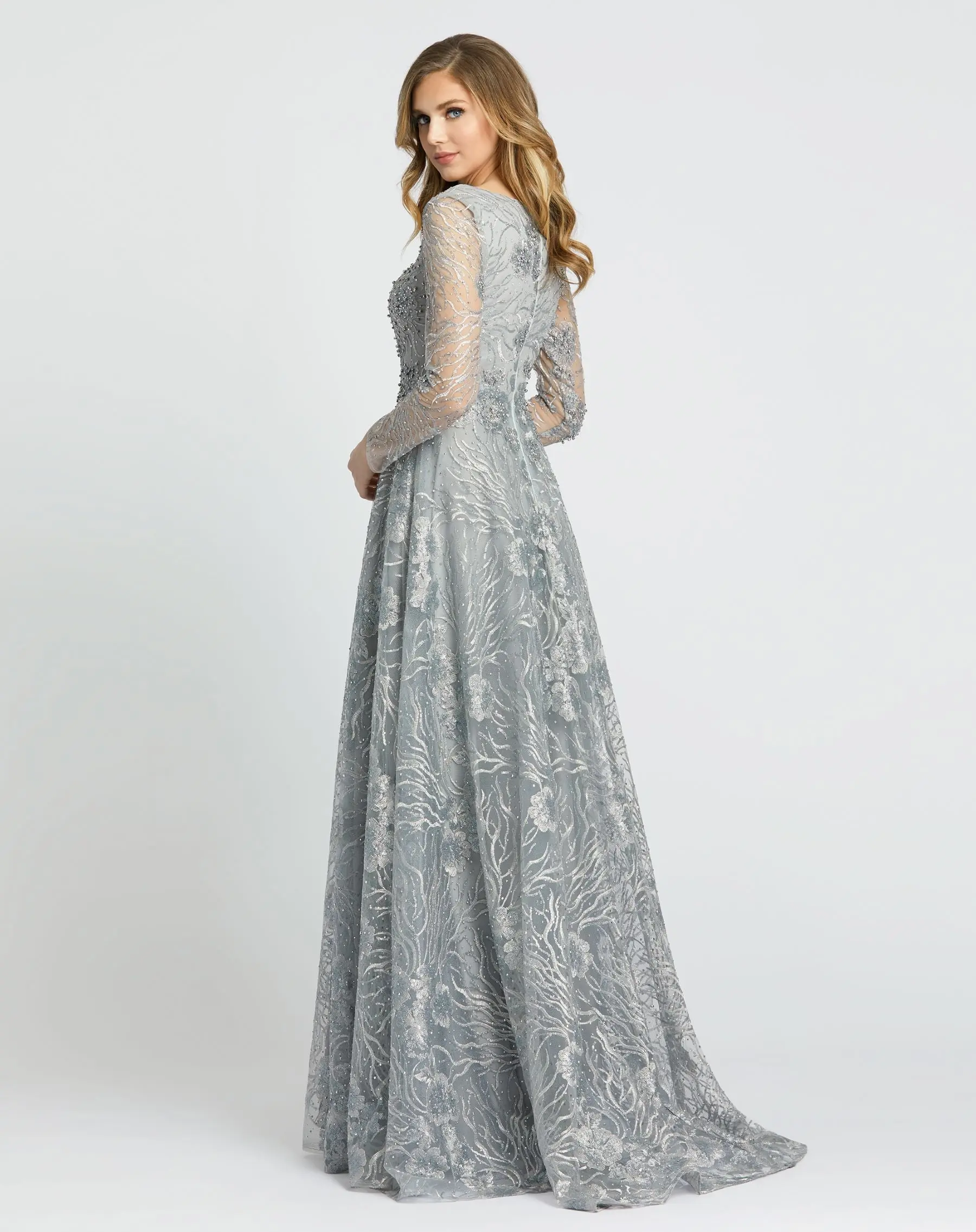 Gray Jewel Encrusted Long Sleeve Square Neck Gown