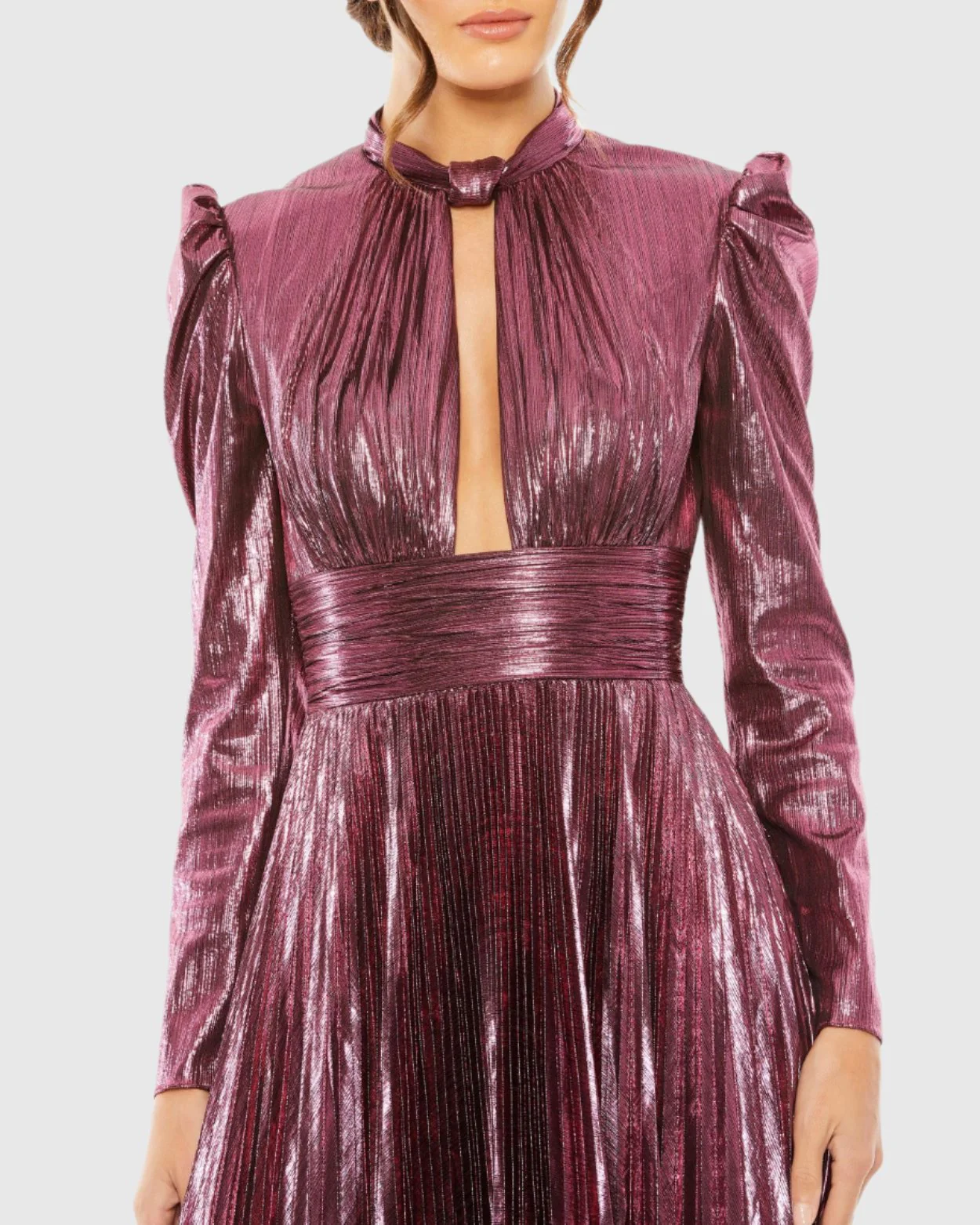 Pink Long Sleeve Keyhole Neck Heat Pleat Metallic Gown