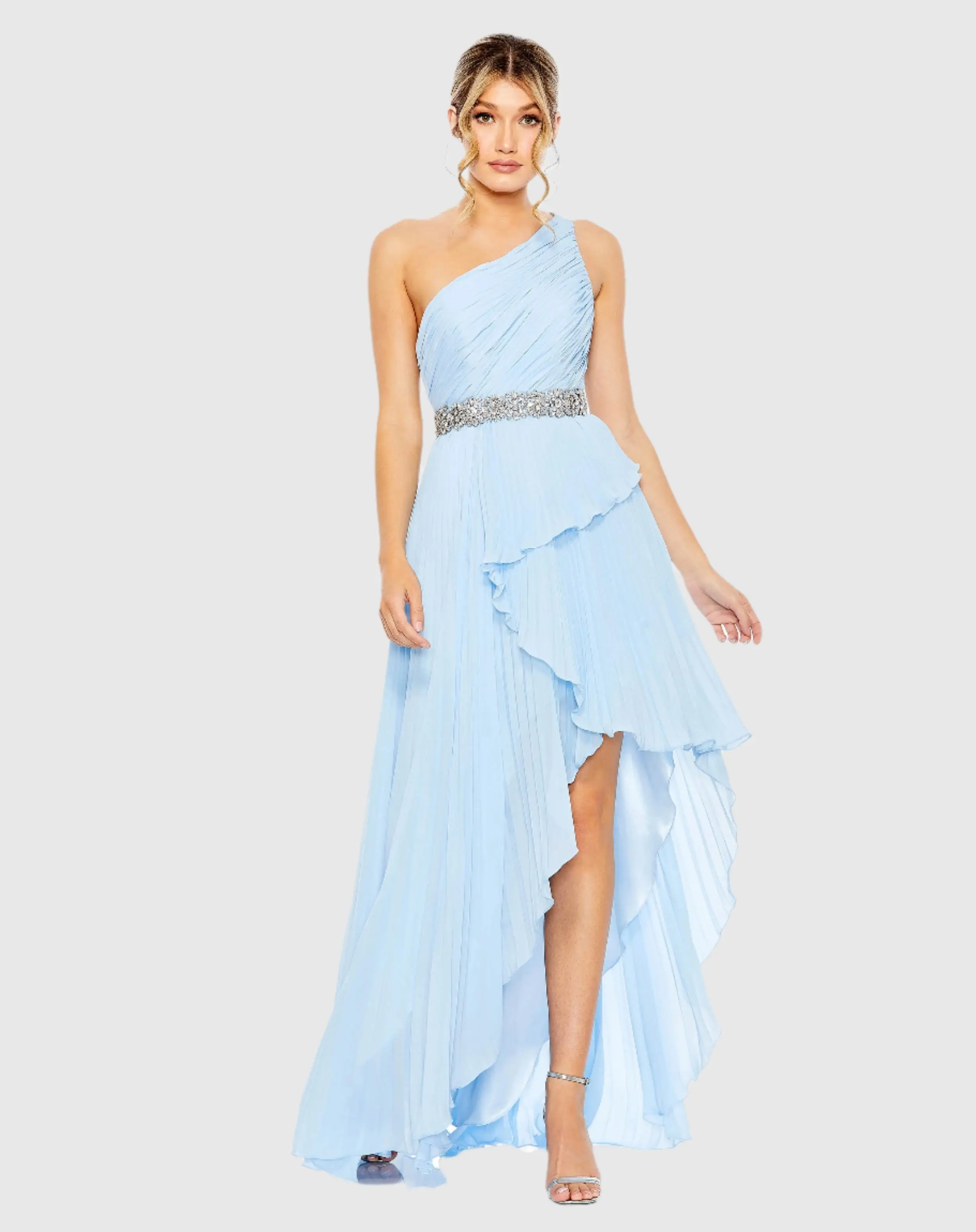 Blue Pleated One Shoulder Asymmetrical Ruffle Hem Gown