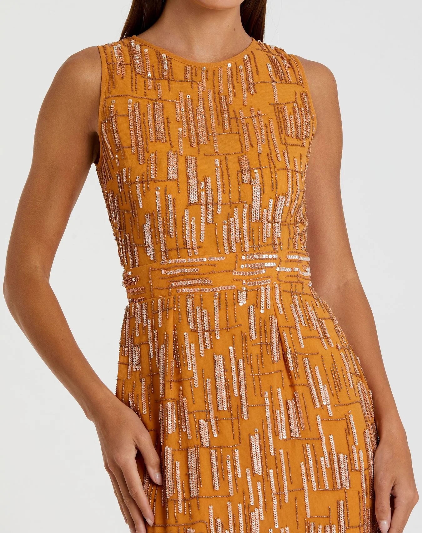 Orange Abstract Beaded Sleeveless Midi Sheath Dress