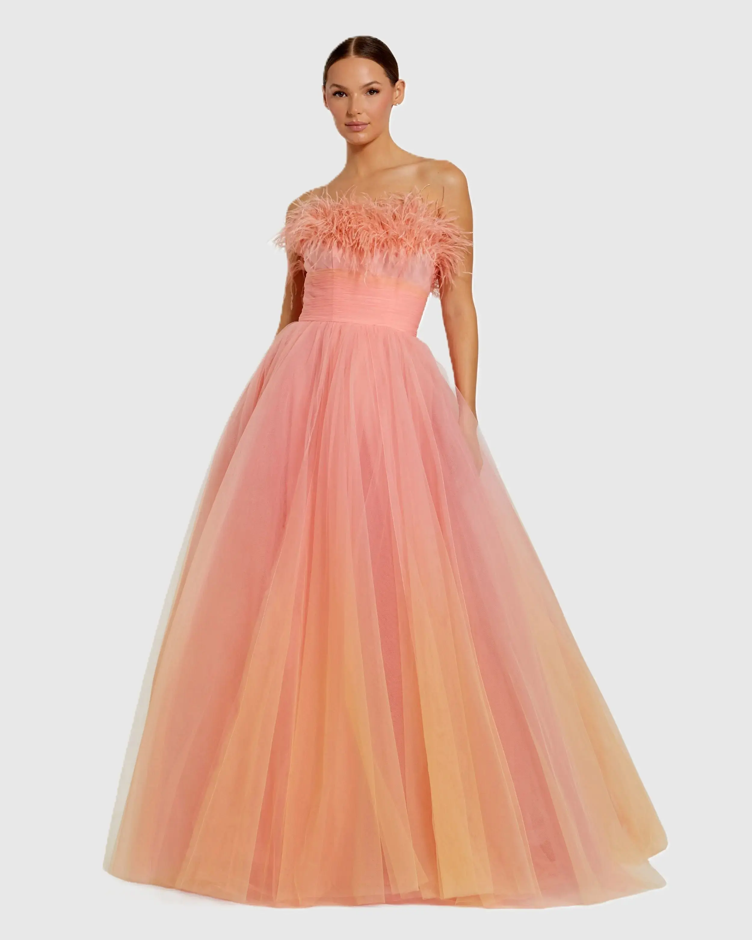 Orange and Pink Ombre Strapless Feather Bodice Tulle Gown