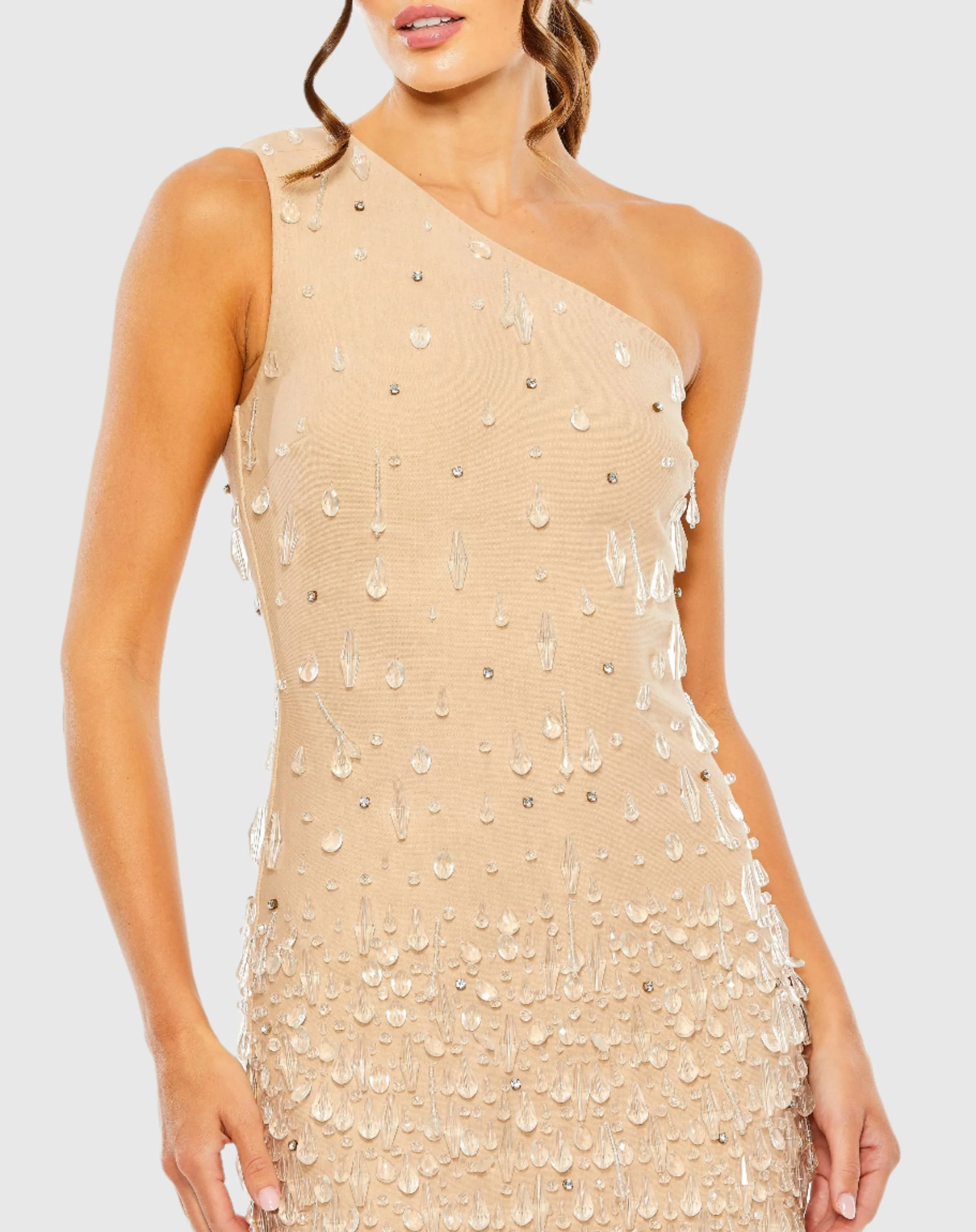 Beige One Shoulder Crystal Drop Dress