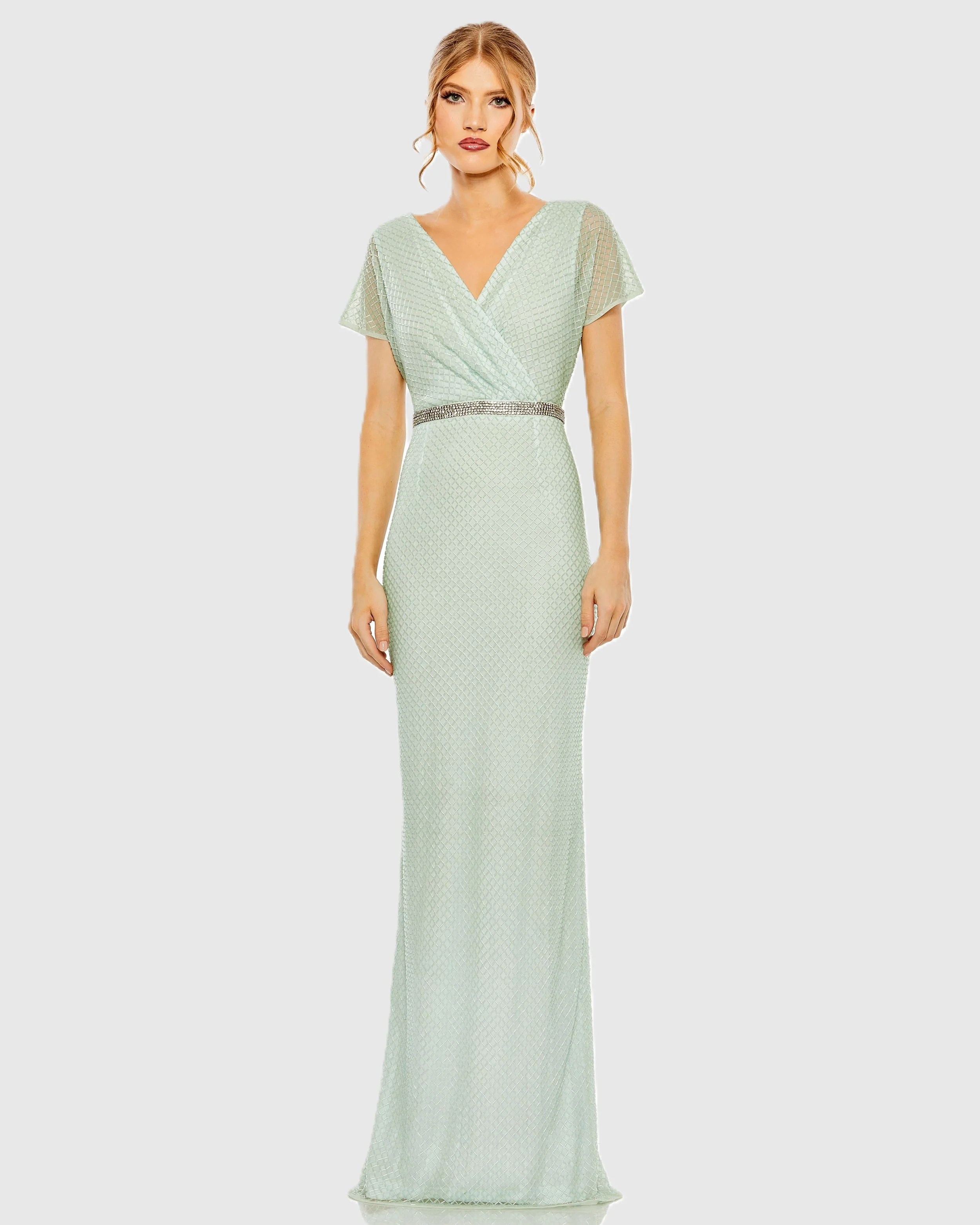 Green Short Sleeve Beaded V-Neck Gown
