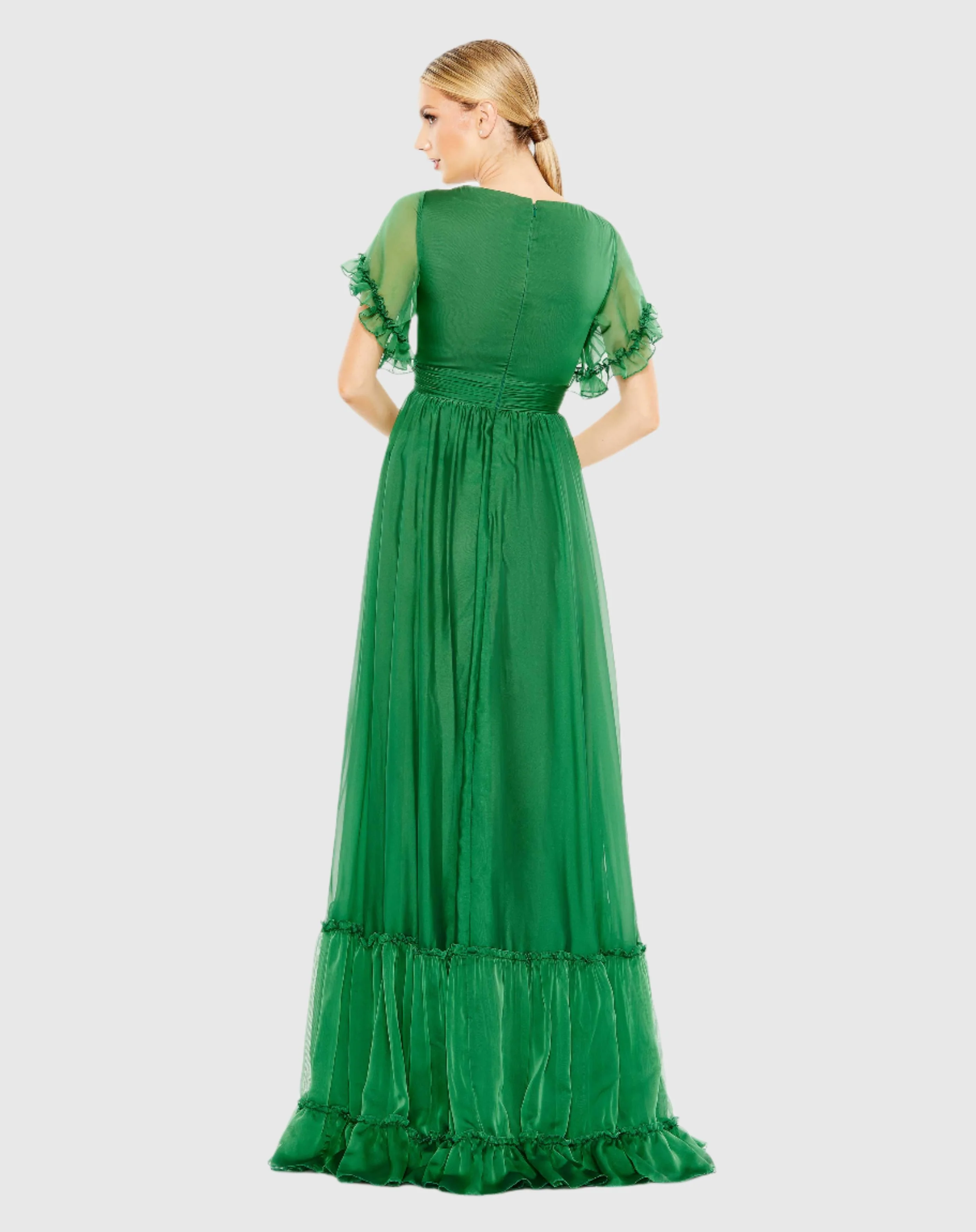 Green Butterfly Ruffle Trimmed Sleeve Wrap Over Flowy Gown