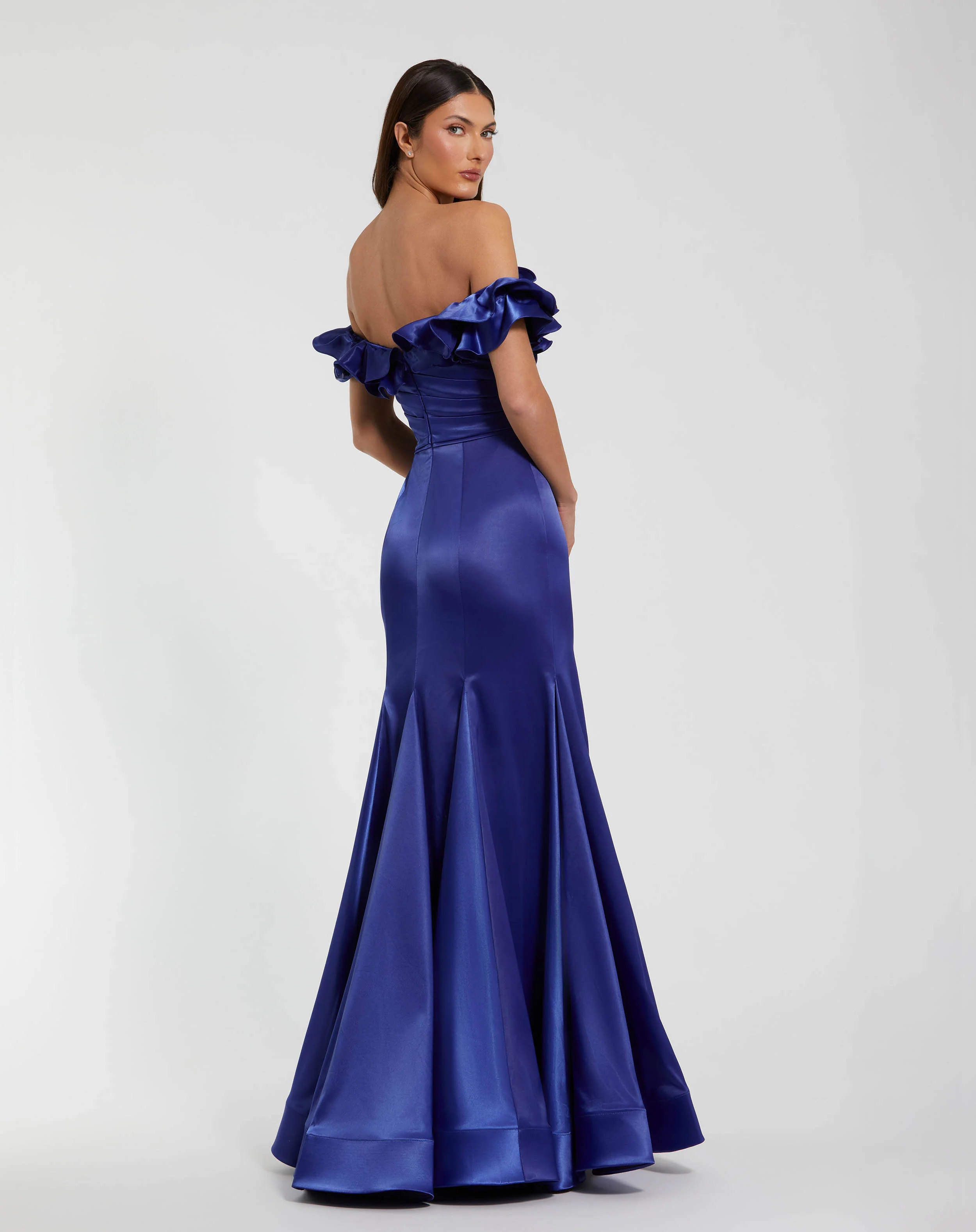 Blue Satin Ruffle Off the Shoulder Mermaid Gown