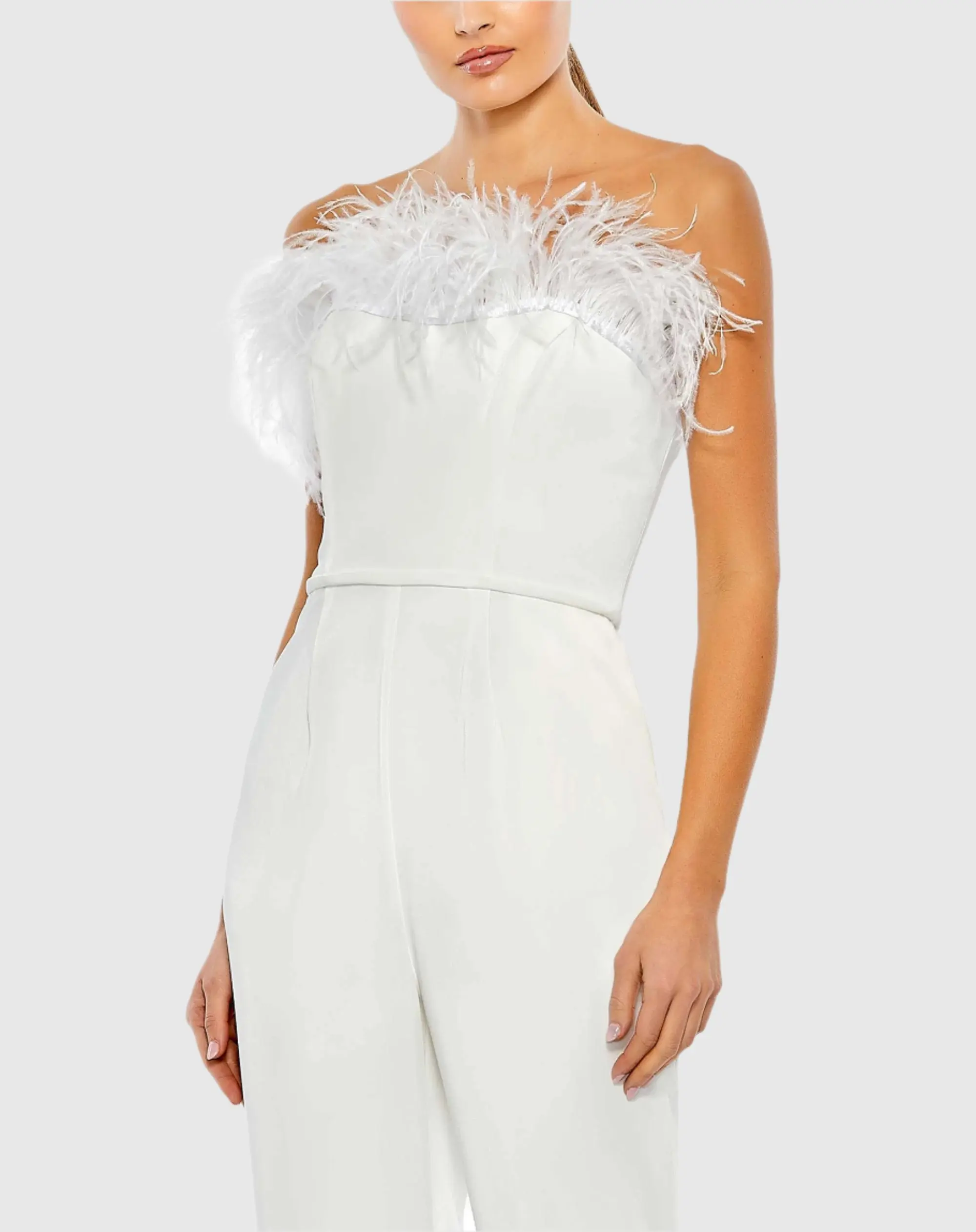 White Strapless Jumpsuit with Feather Trim