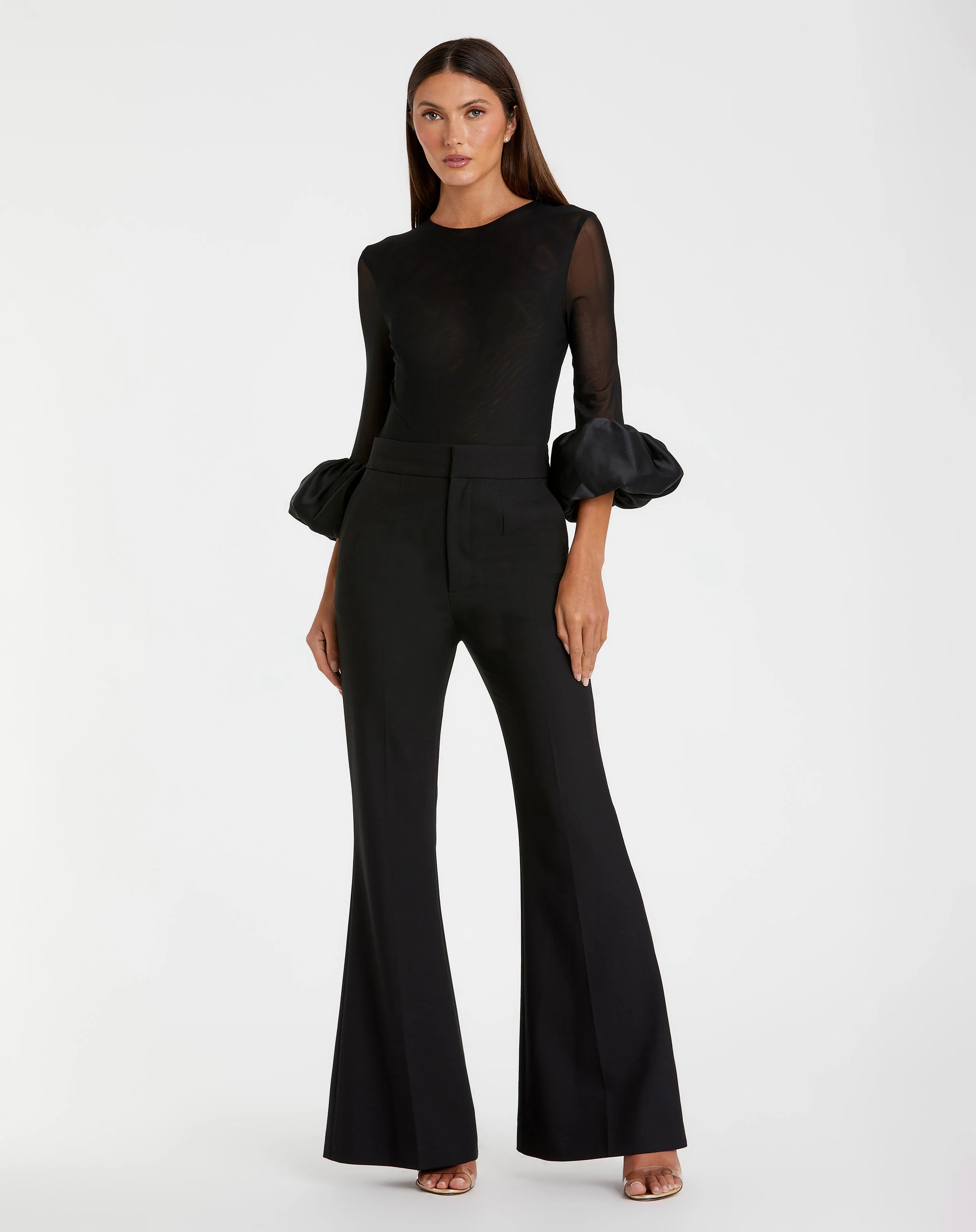 Mesh Long Sleeve Bodysuit With Satin Puff Sleeve - FINAL SALE