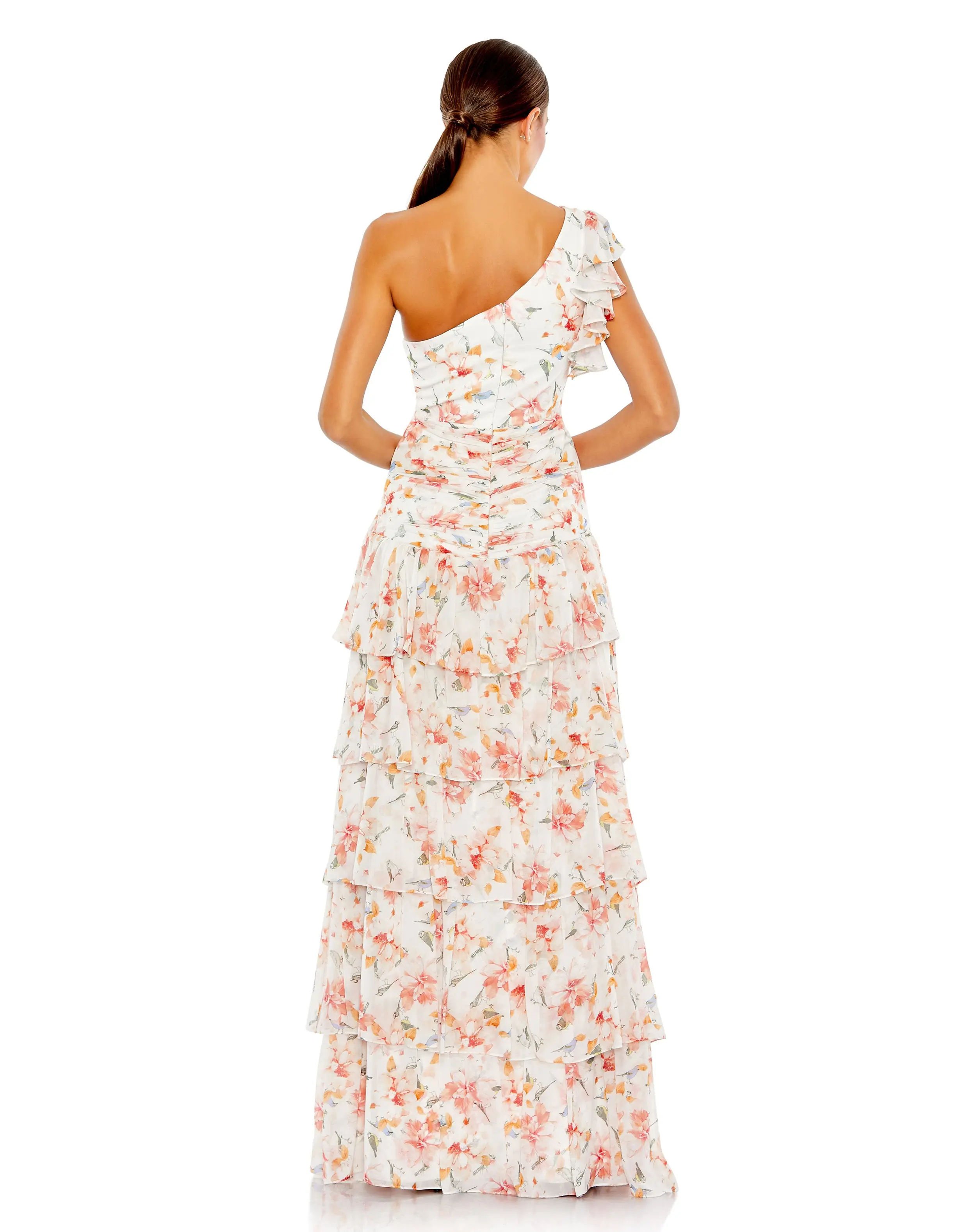 Floral Print Ruffle Tiered One Shoulder Gown