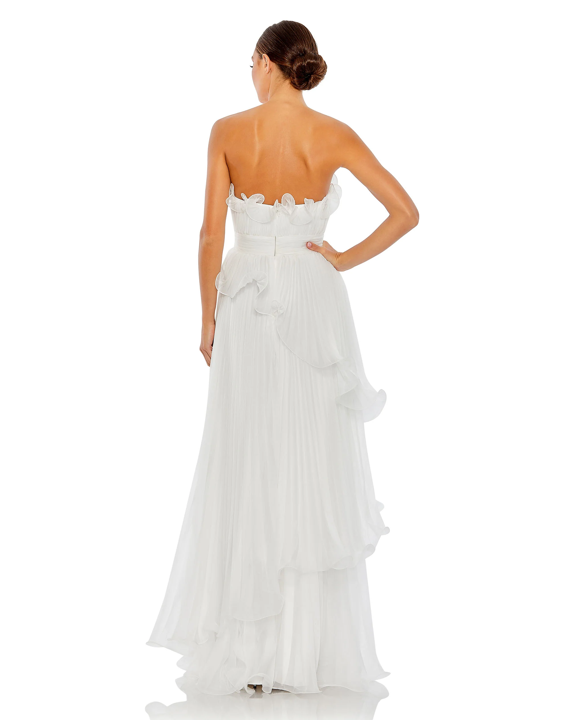 White Pleated Tiered Ruffled Strapless Gown