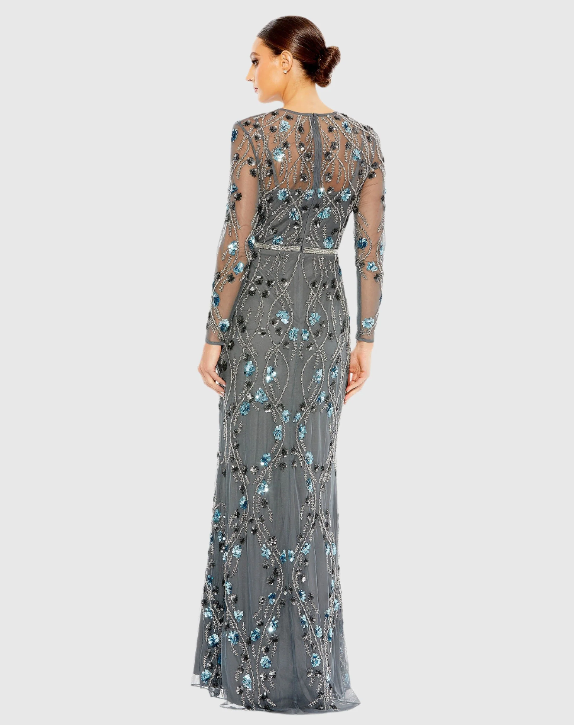 Floral Embellished Long Sleeve Gown