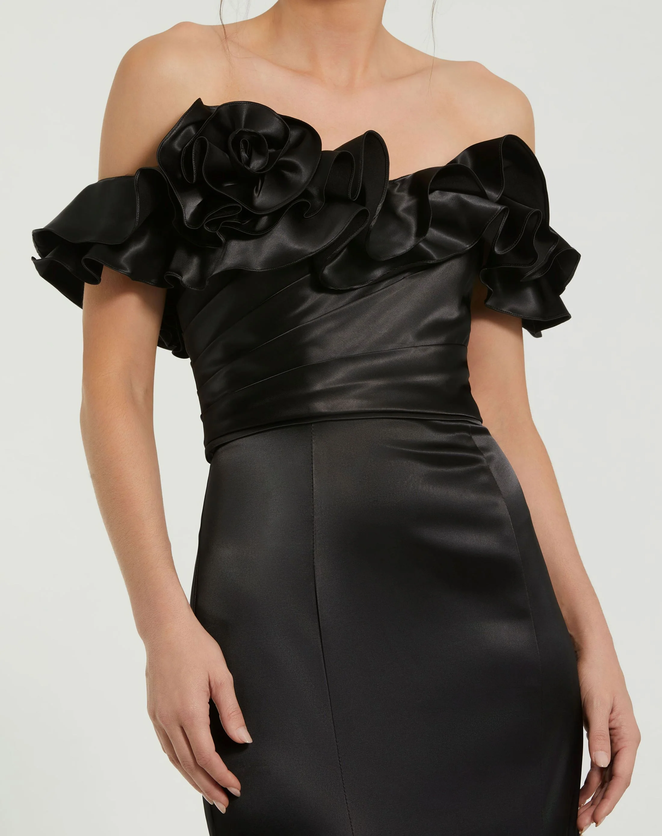 Black Satin Ruffle Off the Shoulder Mermaid Gown