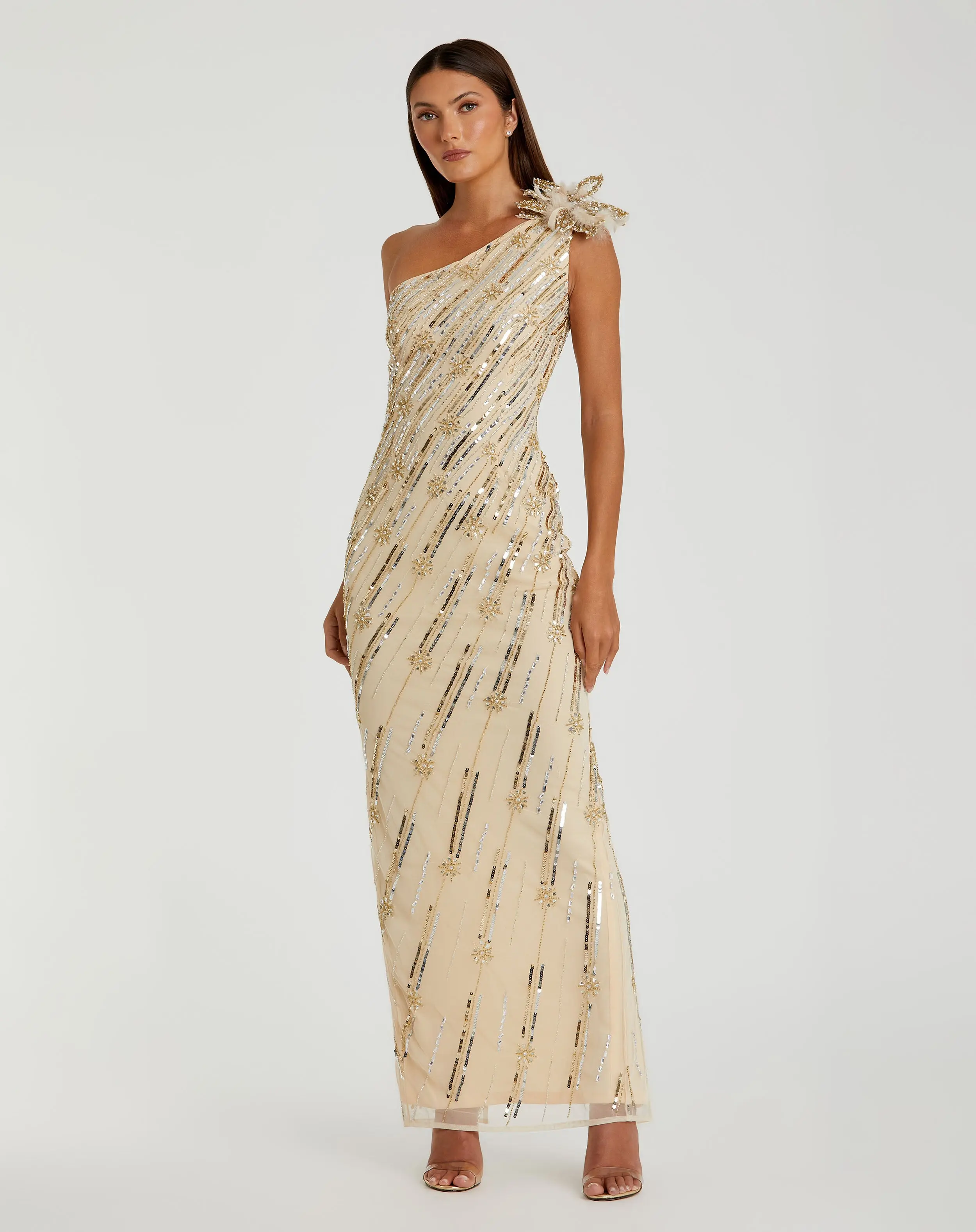 Gold Embellished Floral Detail One Shoulder Gown