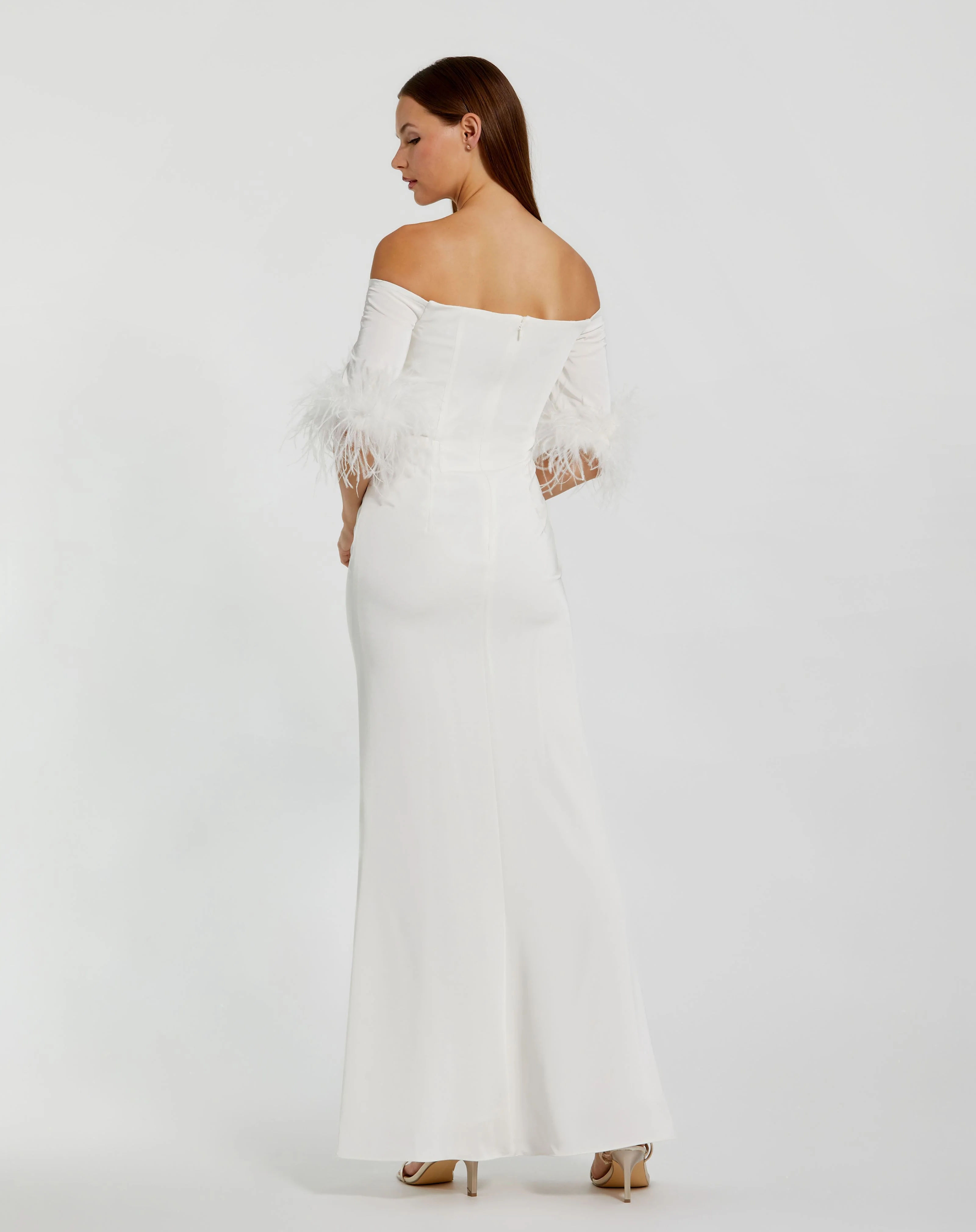 White Feather Trim Off The Shoulder Column Gown - FINAL SALE