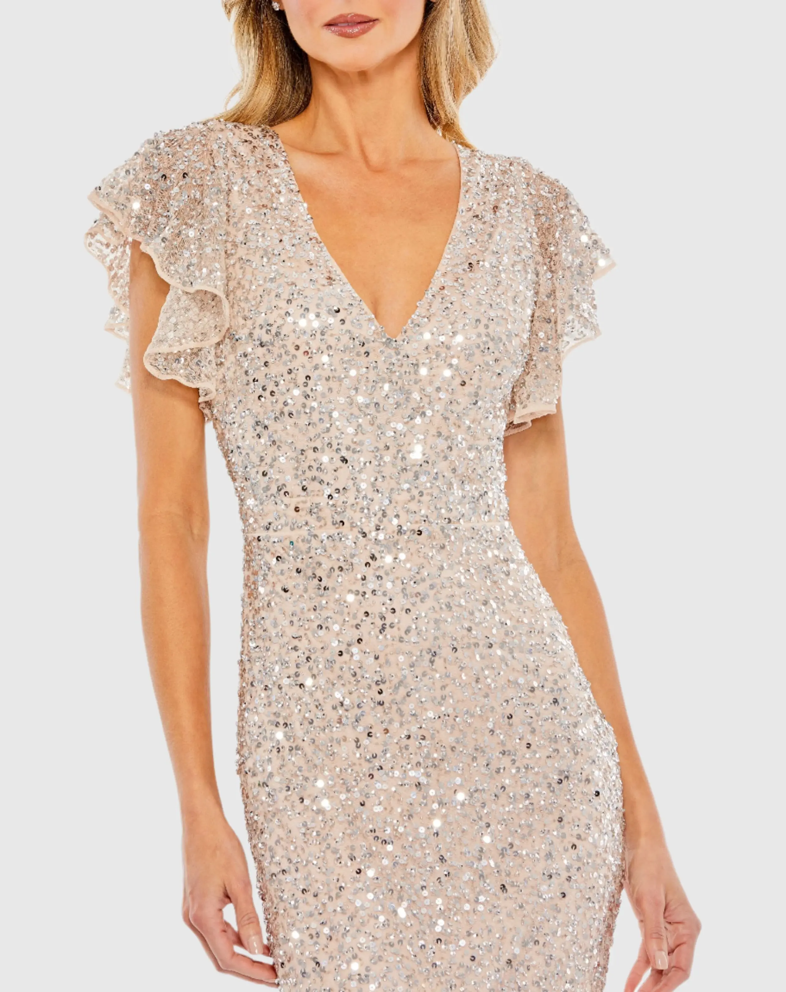 Beige Sequined V Neck Flutter Cap Sleeve Trumpet Dress