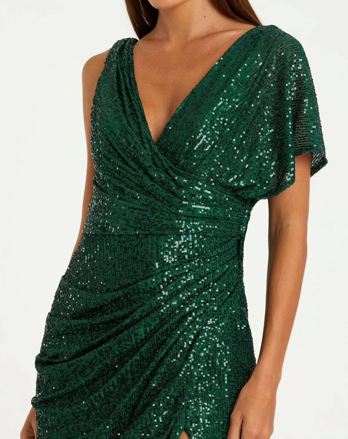 Green Sequined Asymmetrical Draped Trumpet Gown