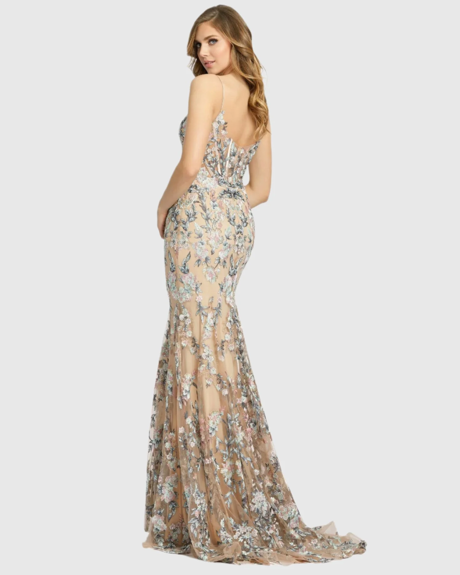 Embroidered Spaghetti Strap Trumpet Gown