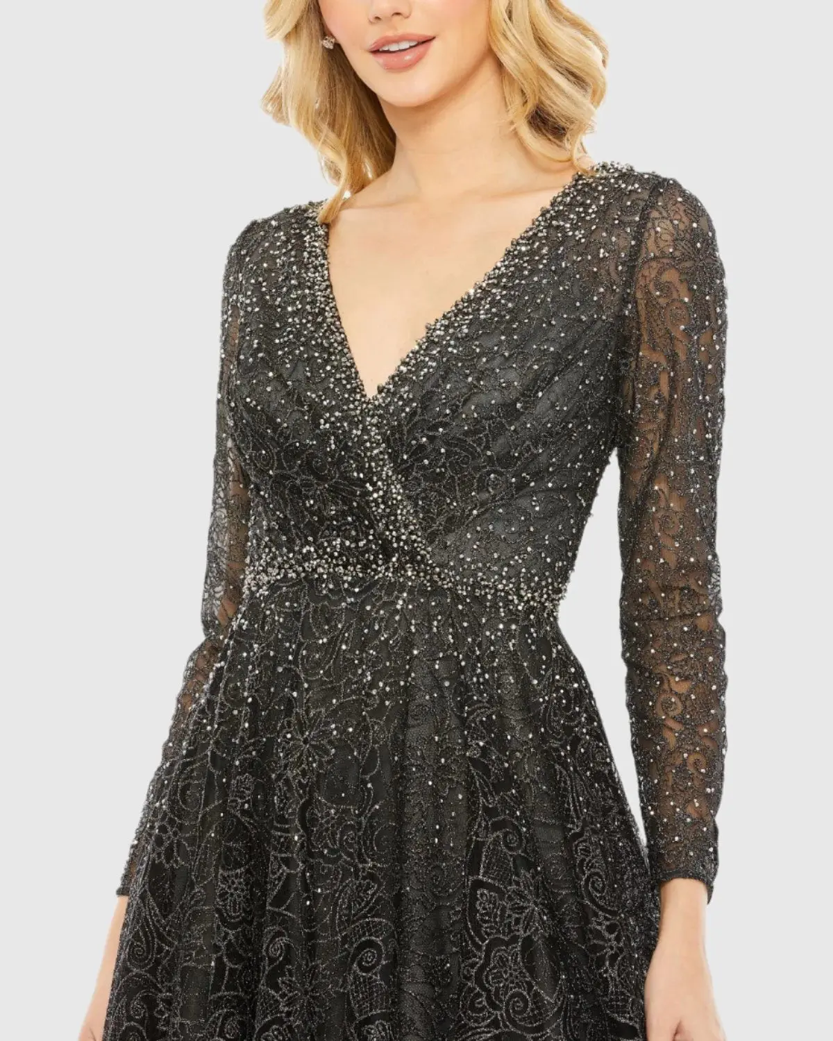 Gray Embellished Illusion Long Sleeve V Neck Gown