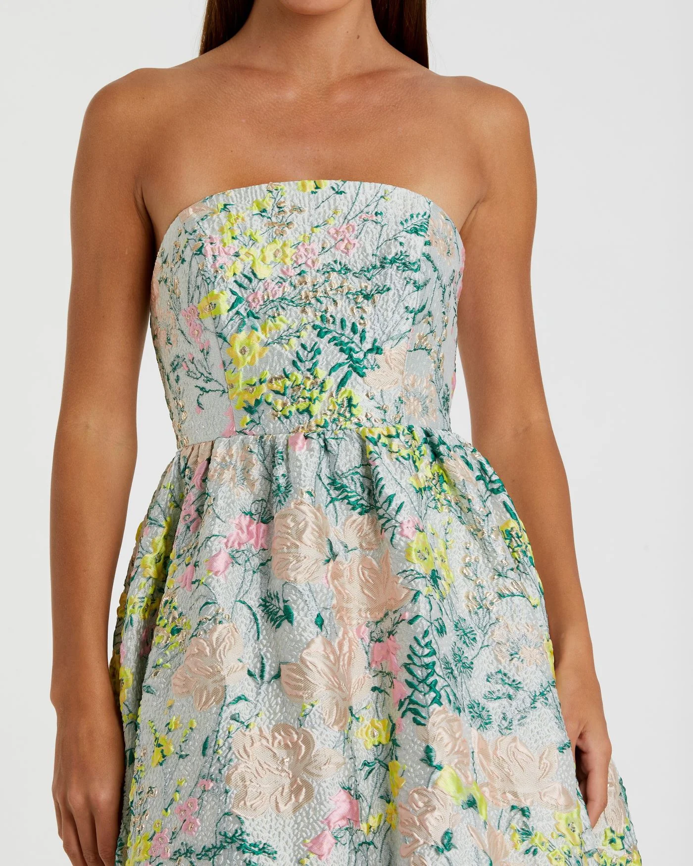 Multicolor Floral Brocade Strapless A Line Gown