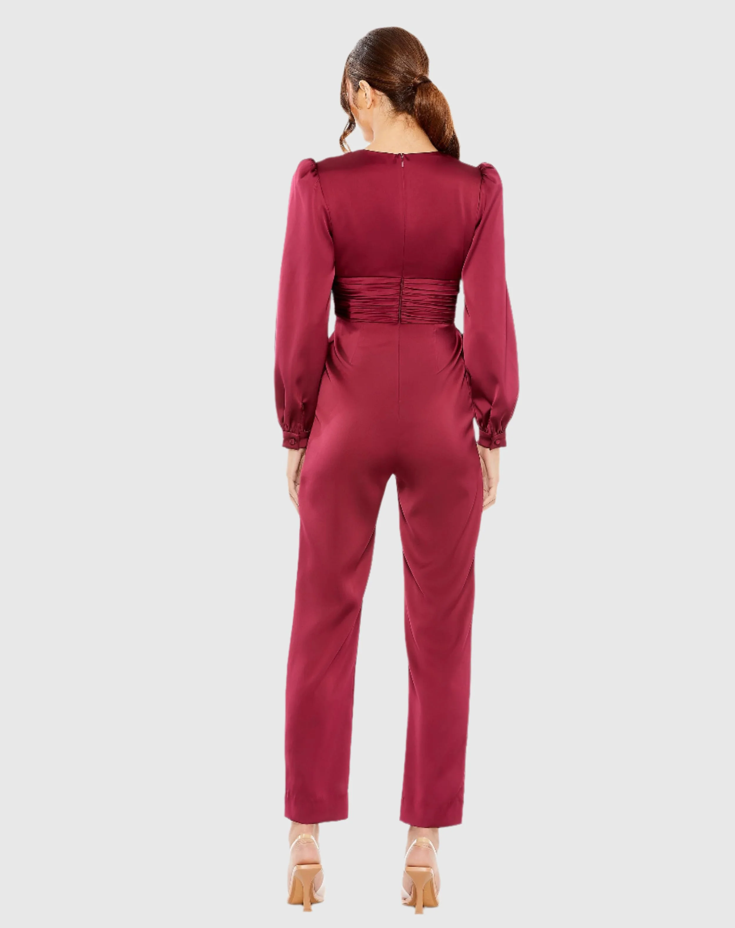 Red Front Twist Puff Sleeve Deep V Jumpsuit