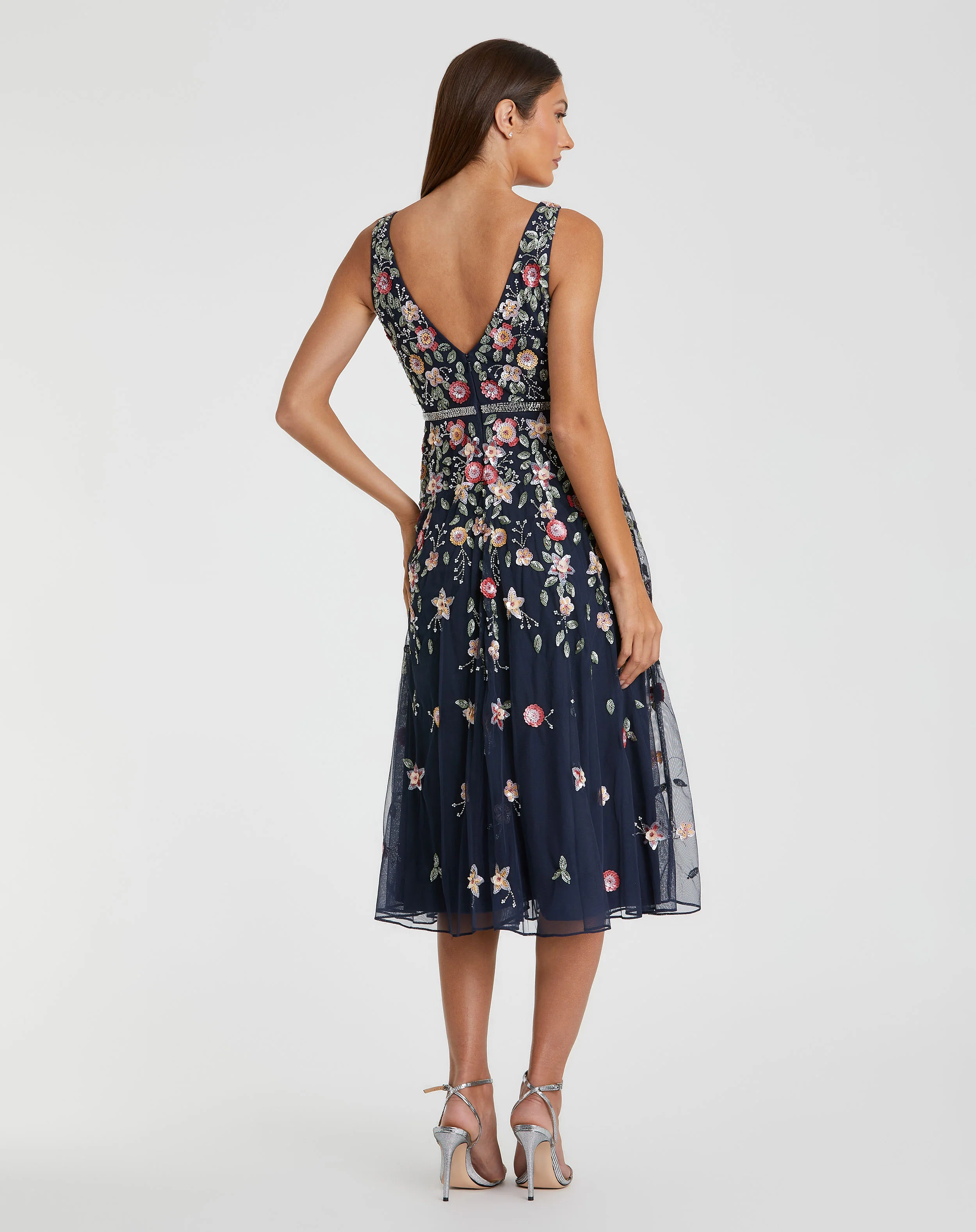 Navy V-Neck Sleeveless Midi Floral Beaded  A-line Dress