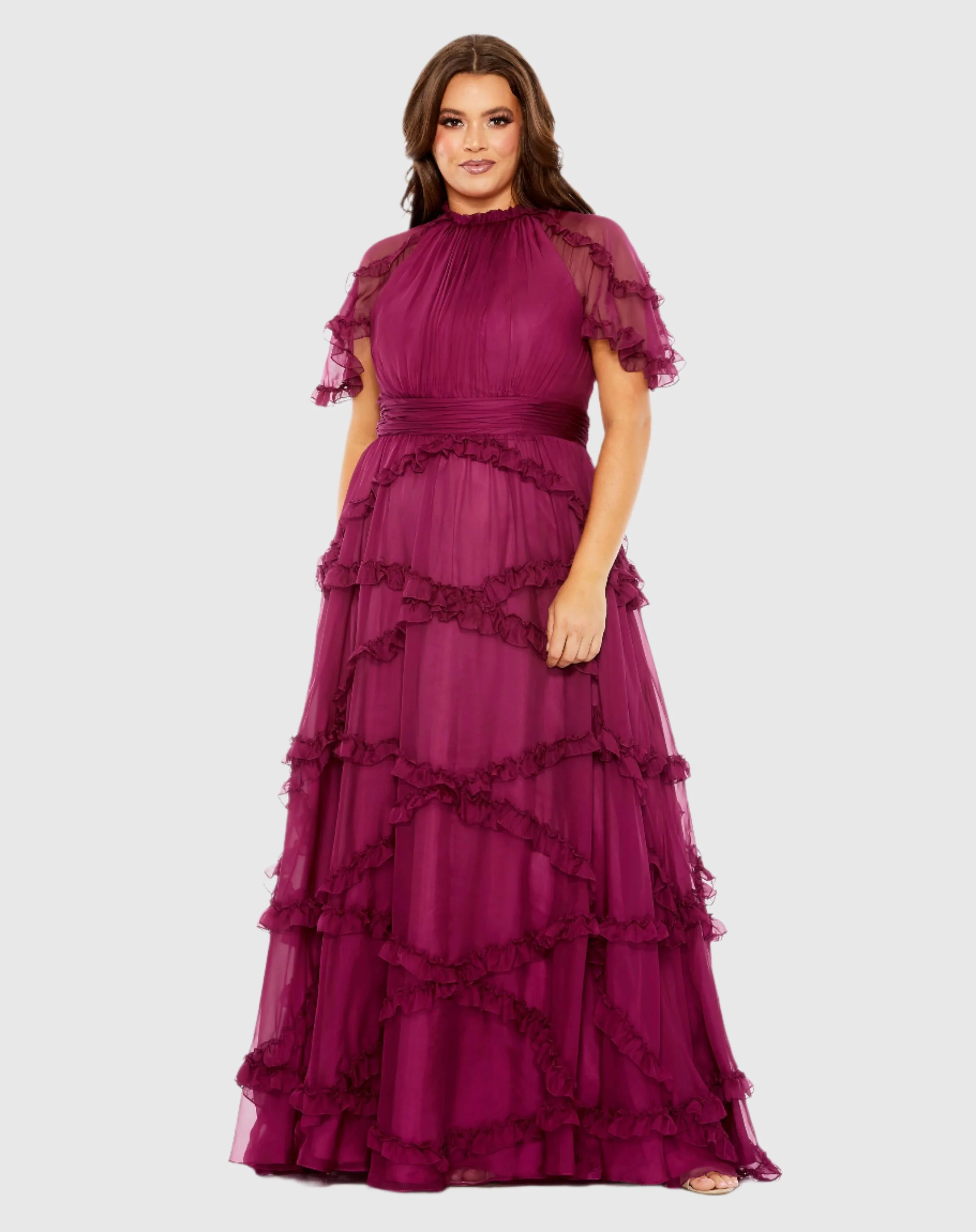 Purple High Neck Ruffle Tiered Flutter Sleeve Gown