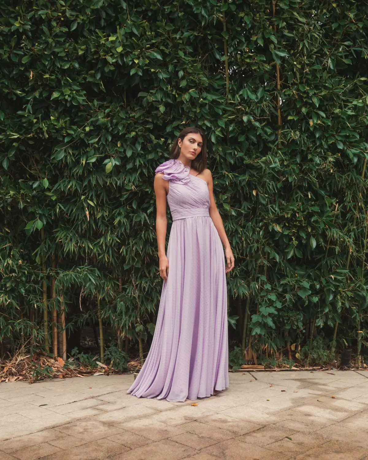 Purple Polka Dot Ruffled One Shoulder Gown