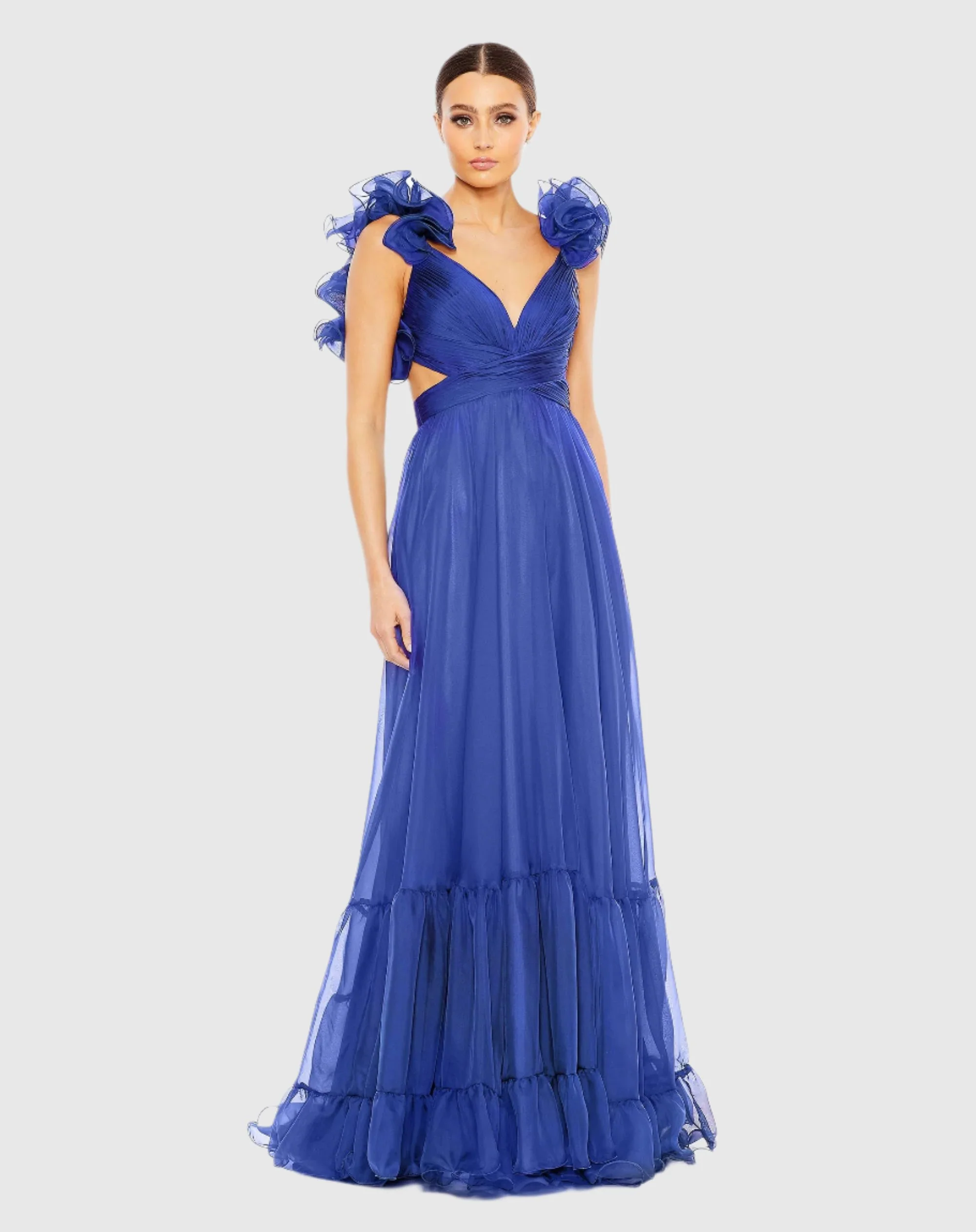 Blue Ruffle Tiered Cut-Out Chiffon Gown