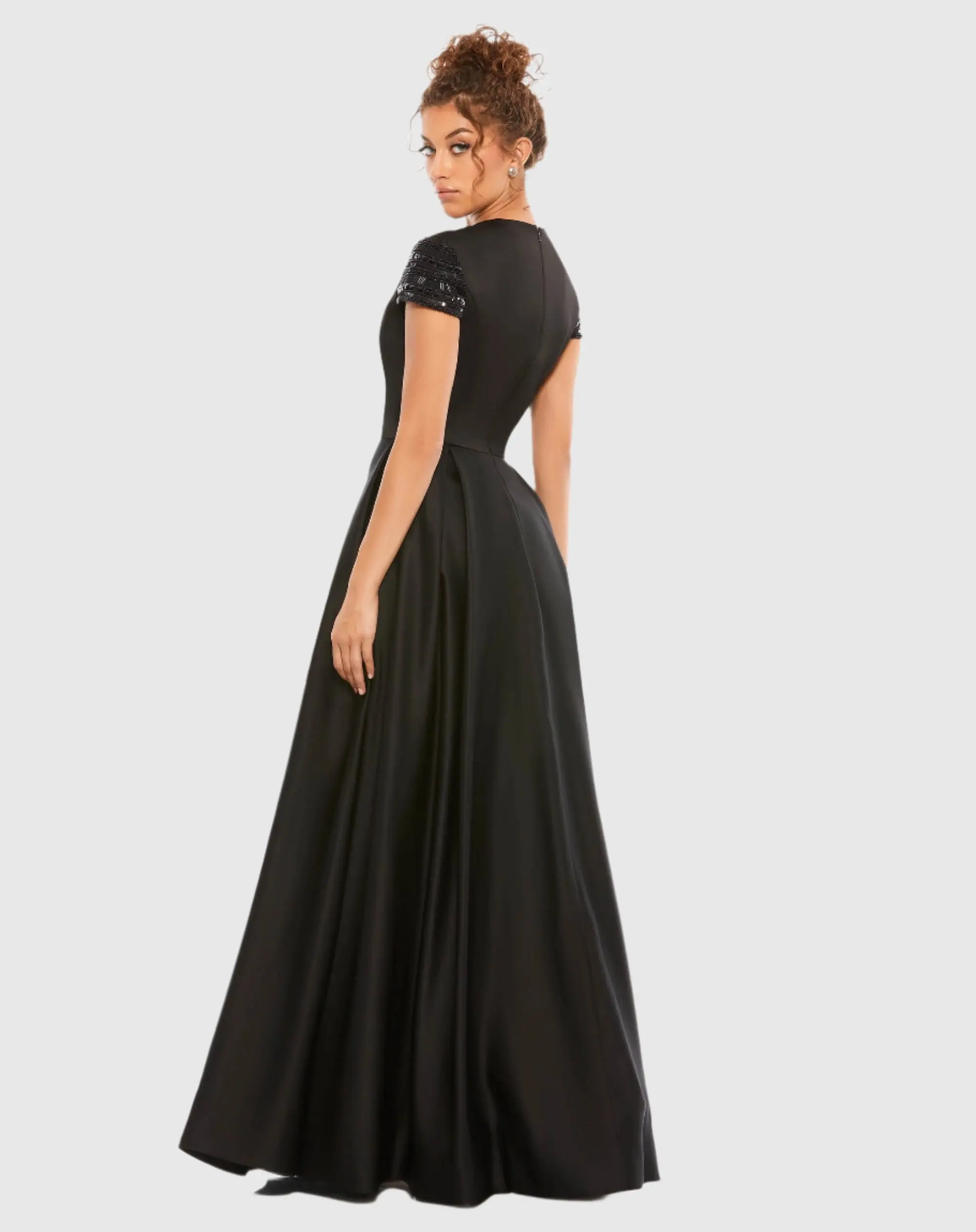 Hand-Beaded Cap Sleeve A-Line Gown