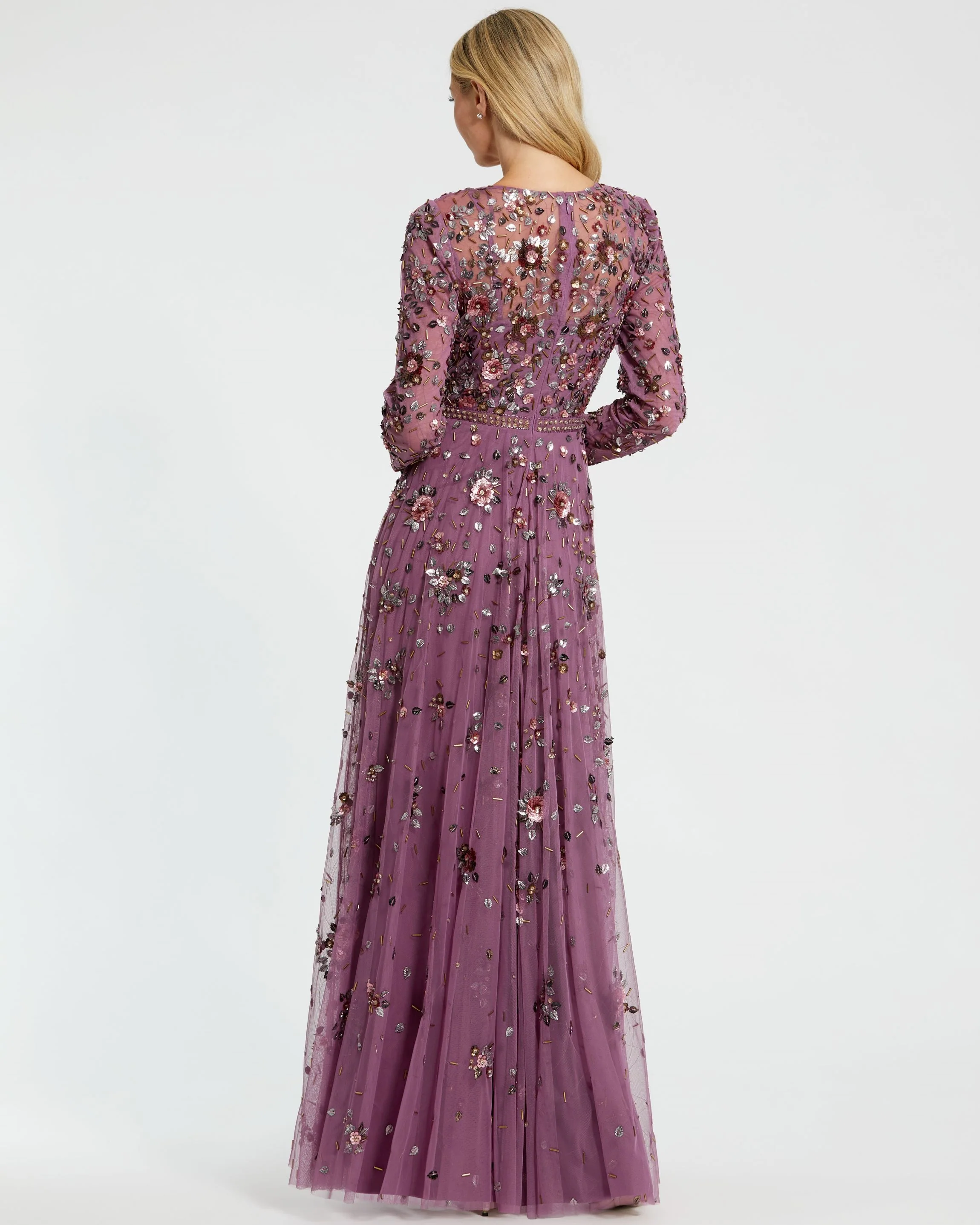 Purple Long Sleeve High Neck Beaded Gown