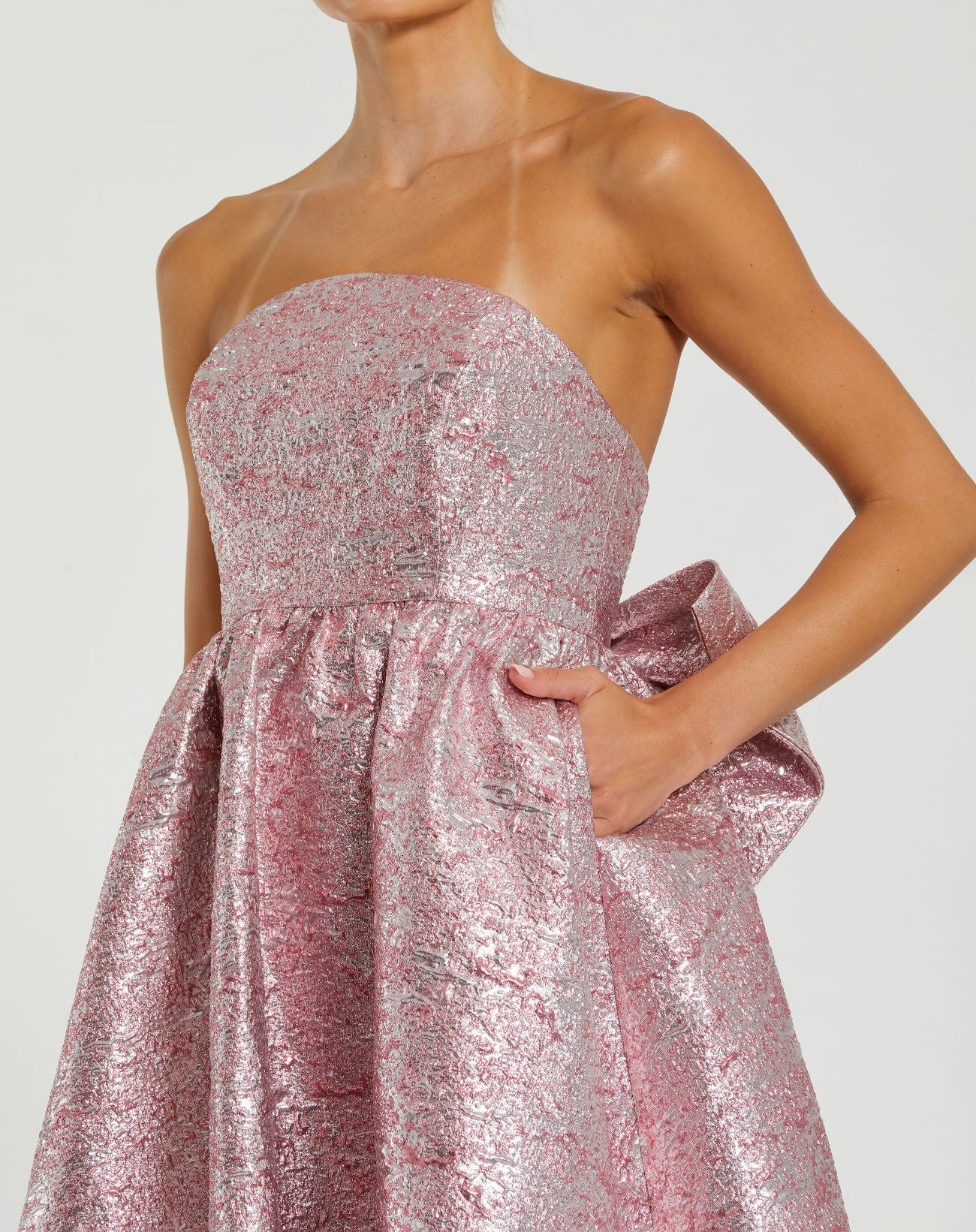 Pink Metallic Strapless Brocade Gown With Oversized Bow