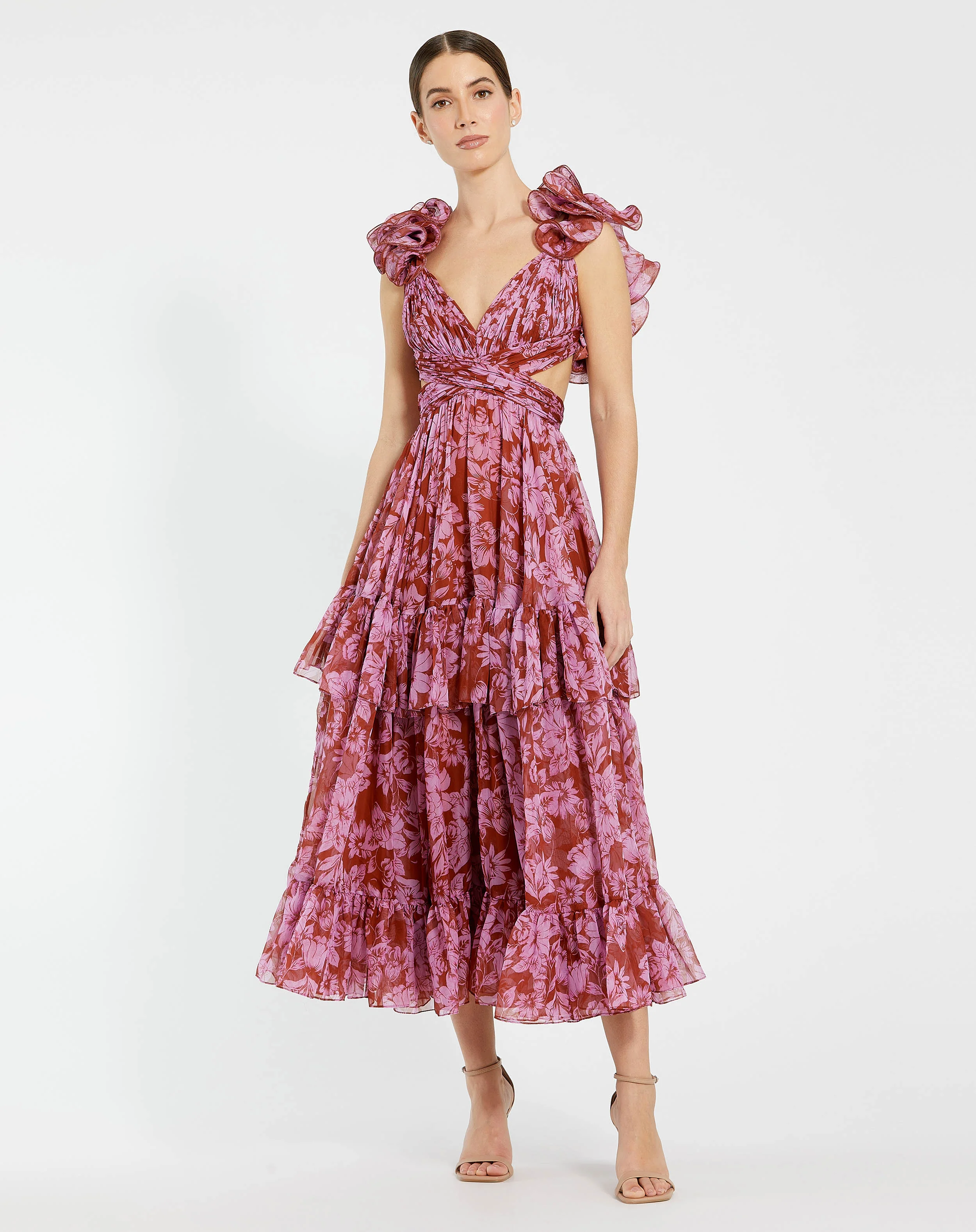Ruffle Tiered Cut-Out Chiffon Midi Dress