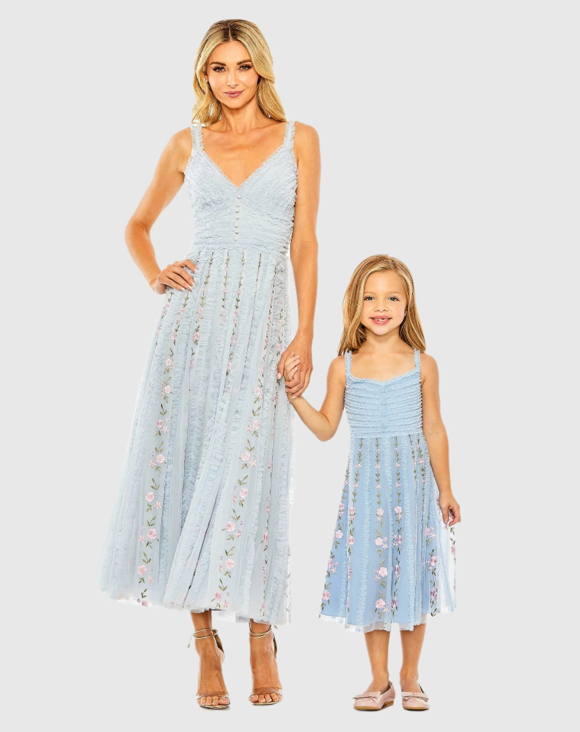 Blue Ruffle Floral Embroidered Detail Tea Length Dress