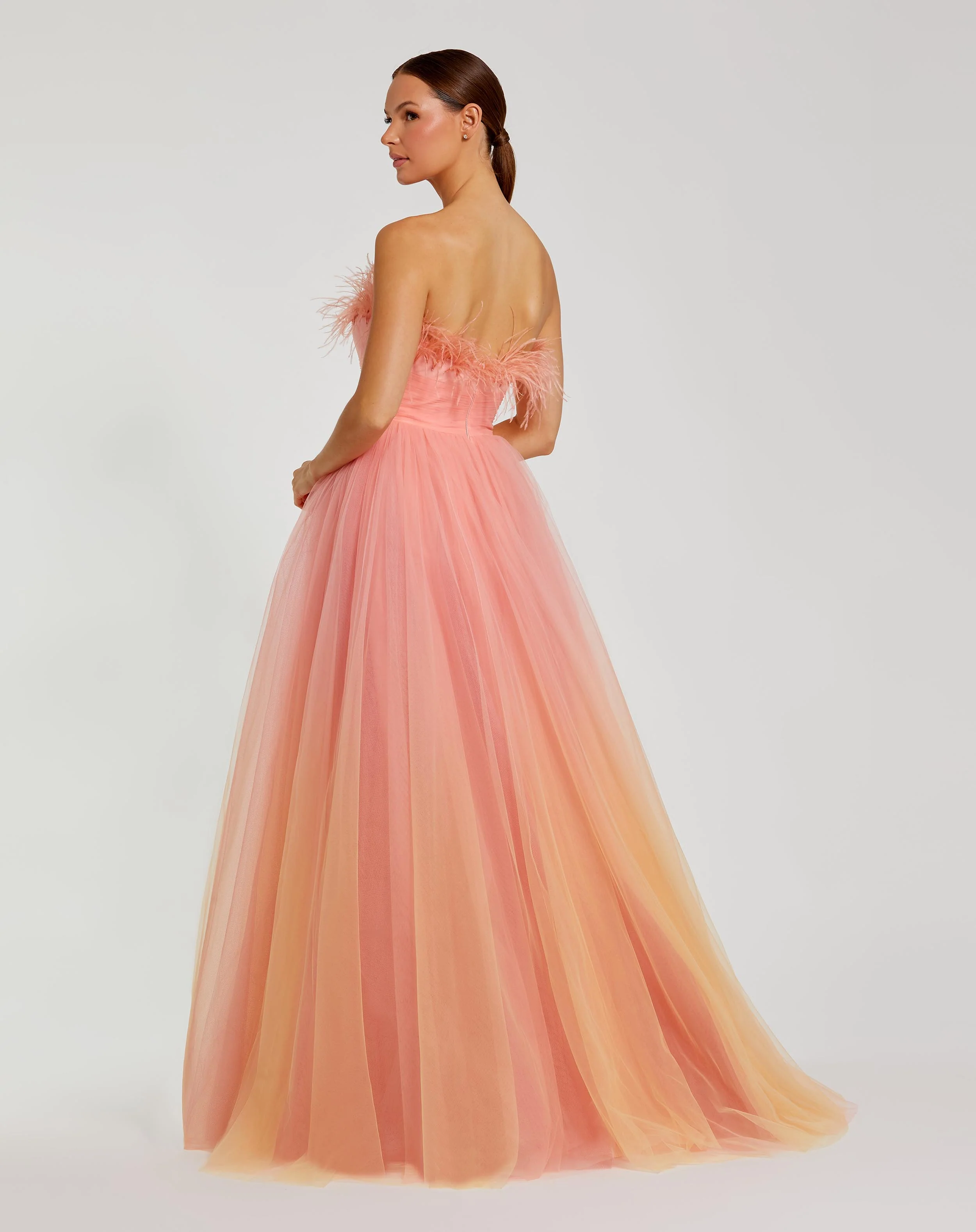 Orange and Pink Ombre Strapless Feather Bodice Tulle Gown