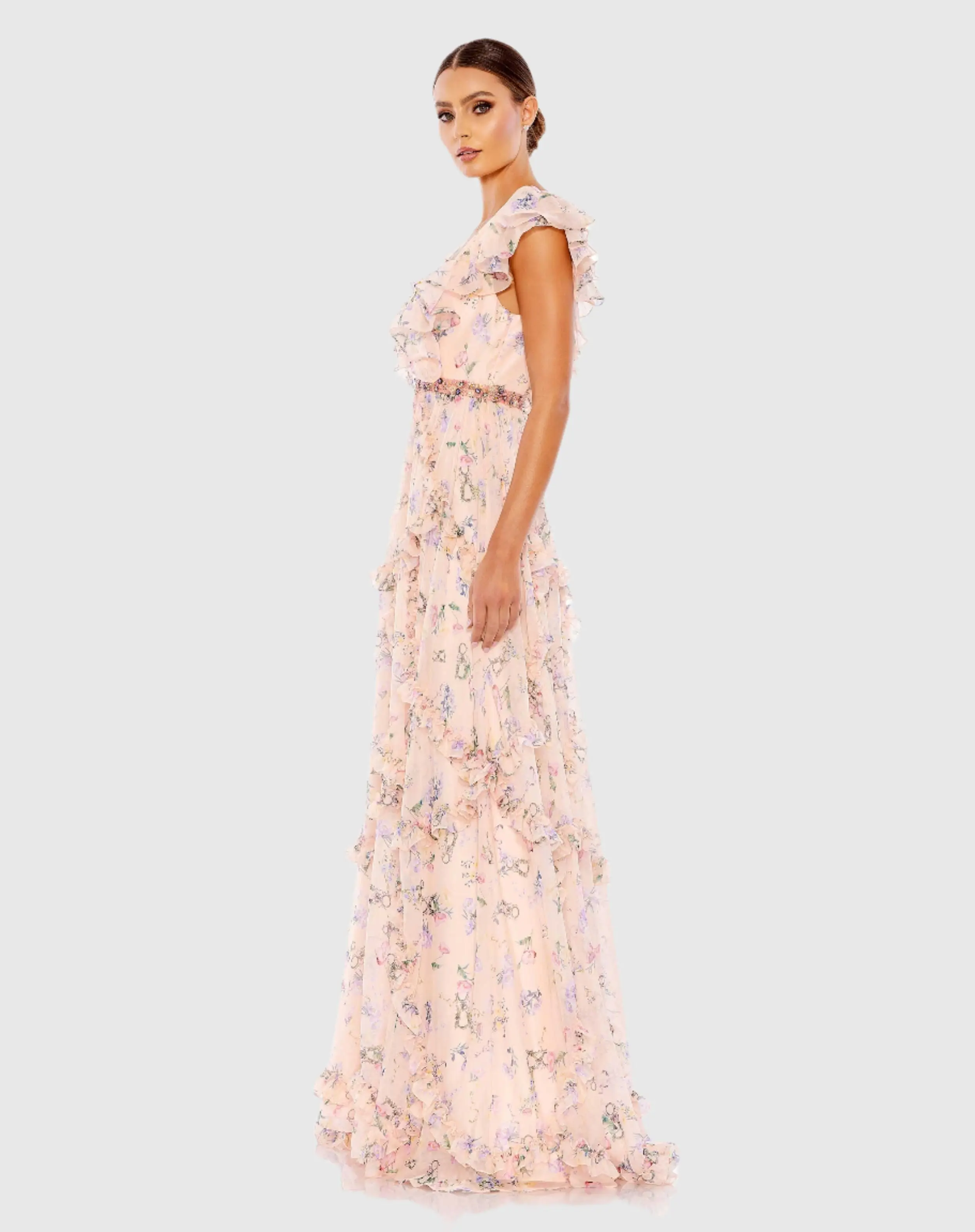 Pink Multicolor Ruffled Floral Print Cap Sleeve Gown