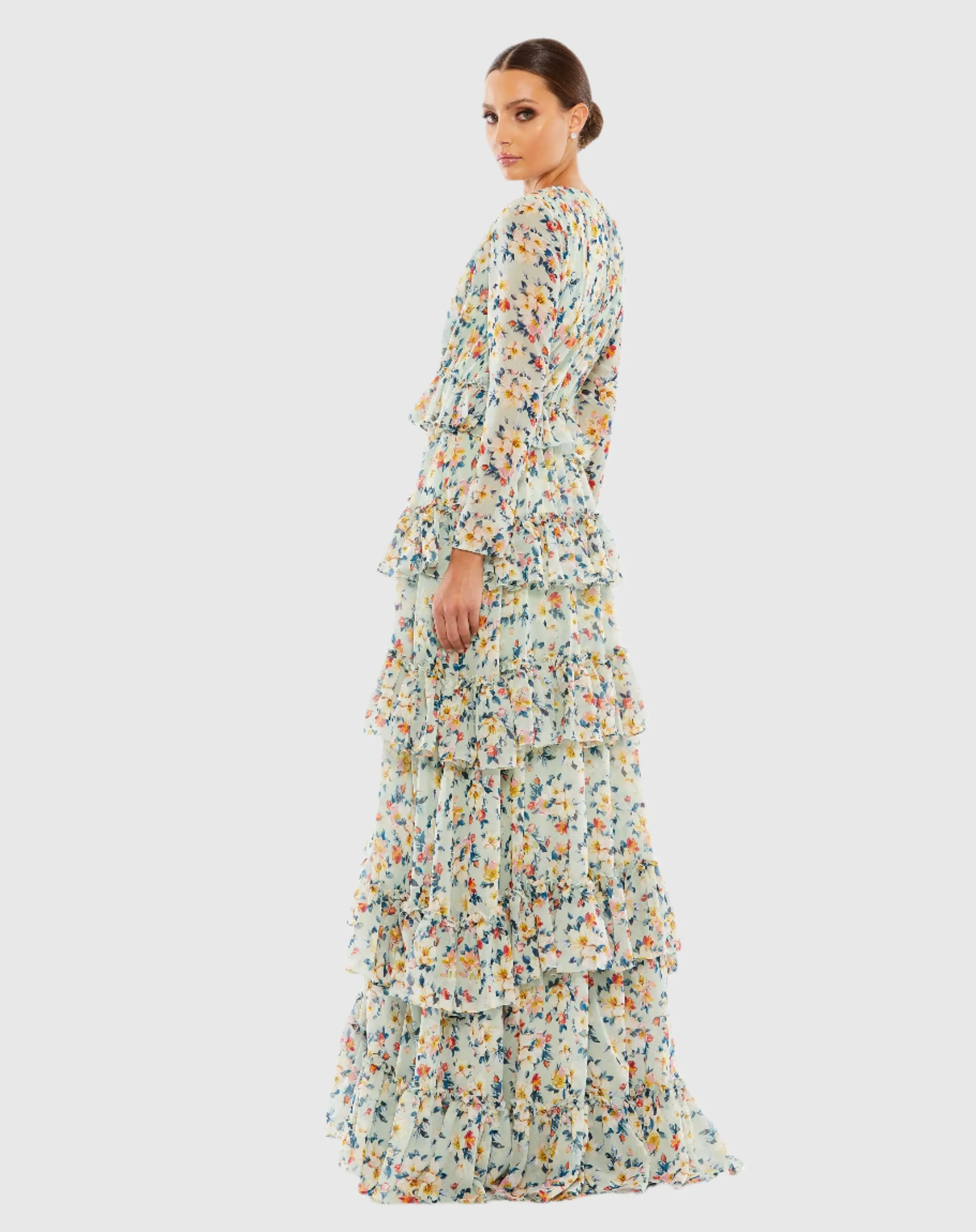 Green Floral Printed Tiered Ruffle Long Sleeve Gown