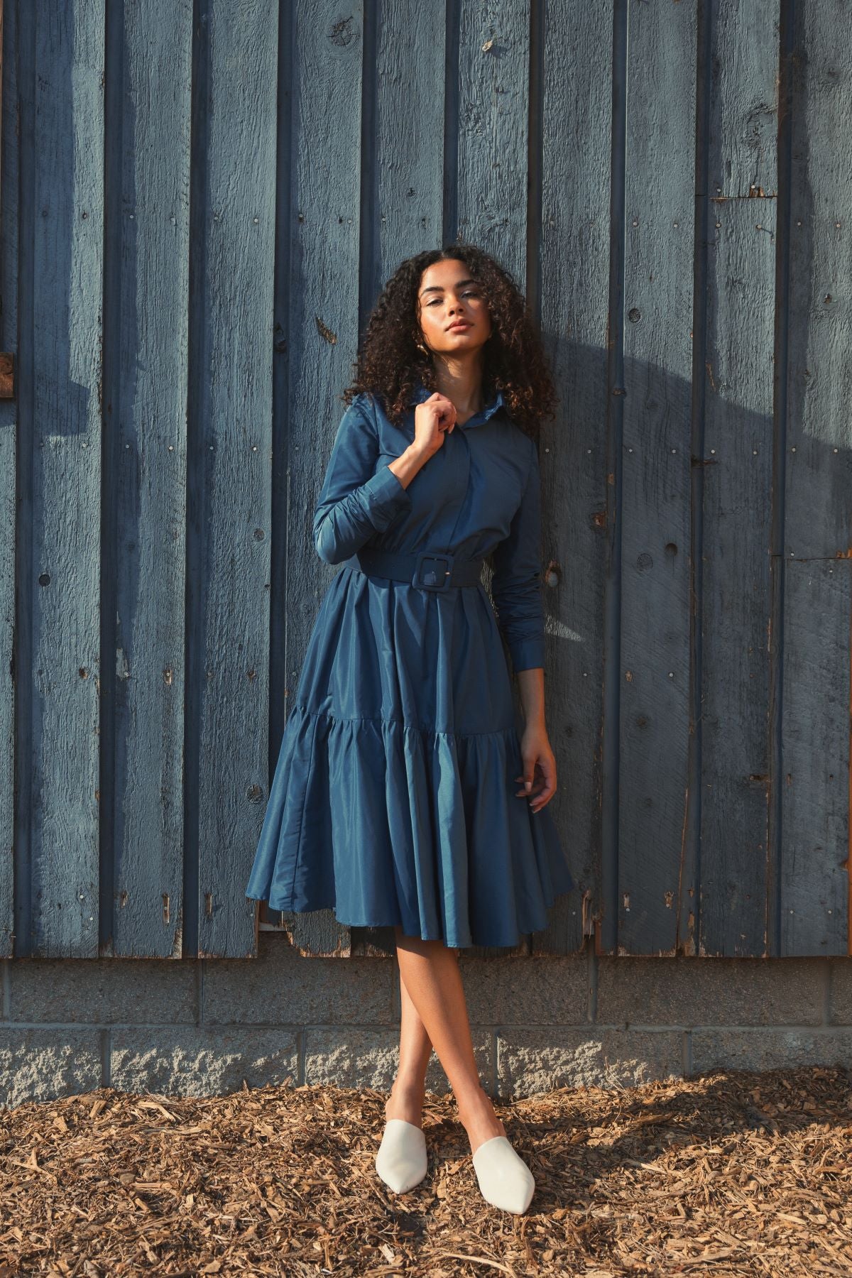 Blue Faille Long Sleeve Collared Midi Dress With Belt