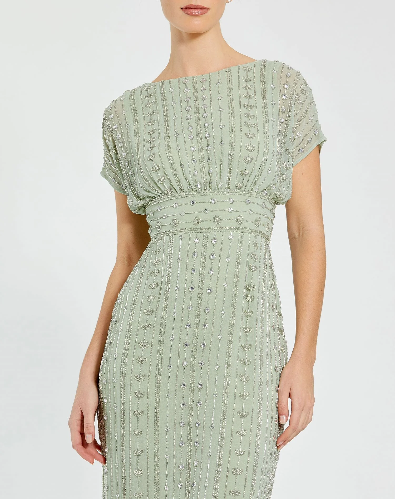 Green Beaded Cap Sleeve Column Midi Dress