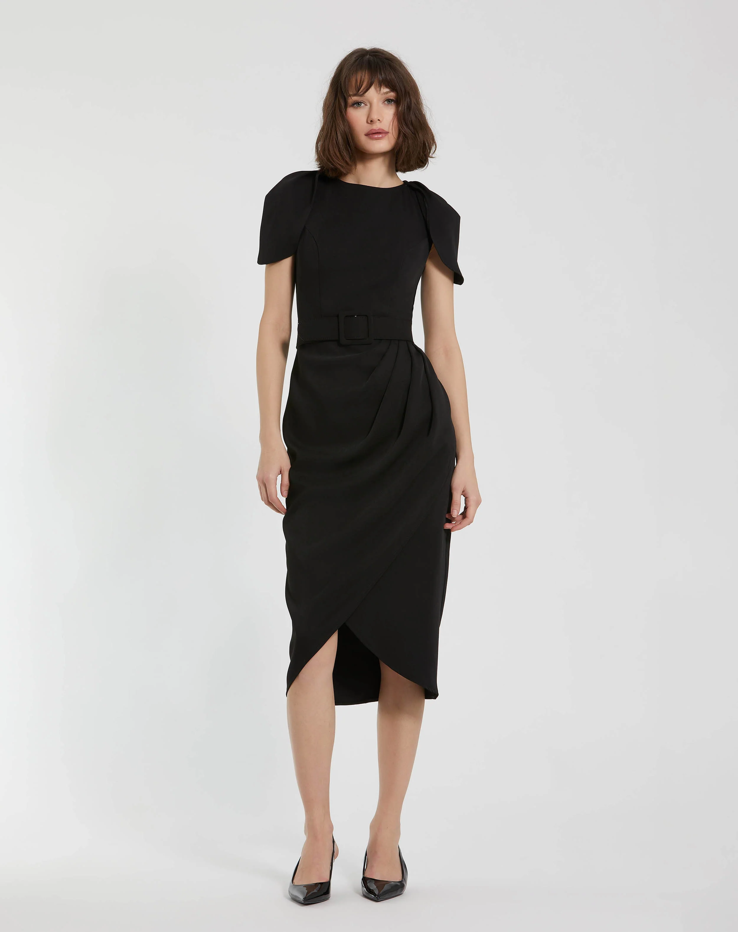 Black Crepe Boat Neck Midi Tulip Dress With Belt