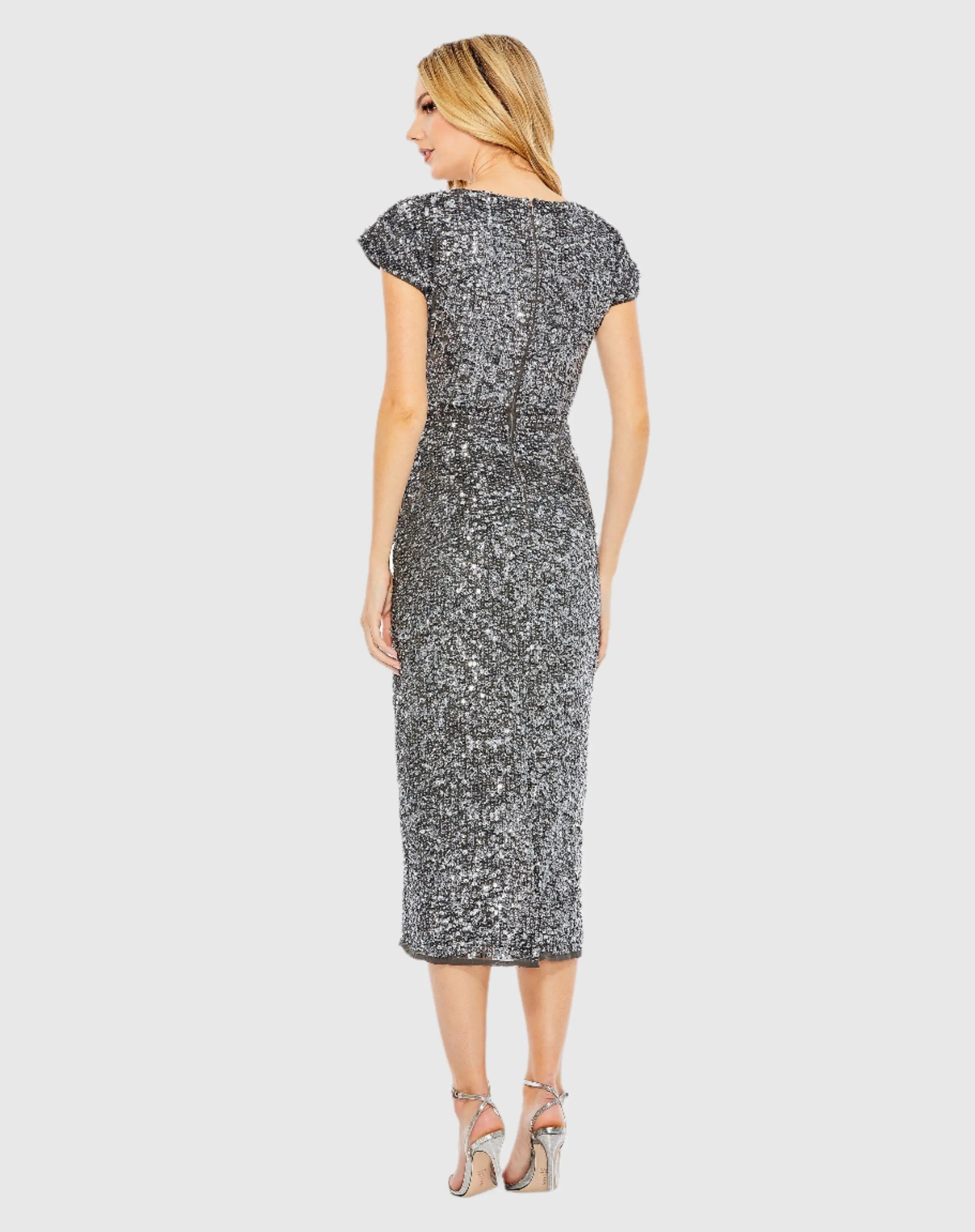 Gray Sequined Short Sleeve Wrap Over Cocktail Dress