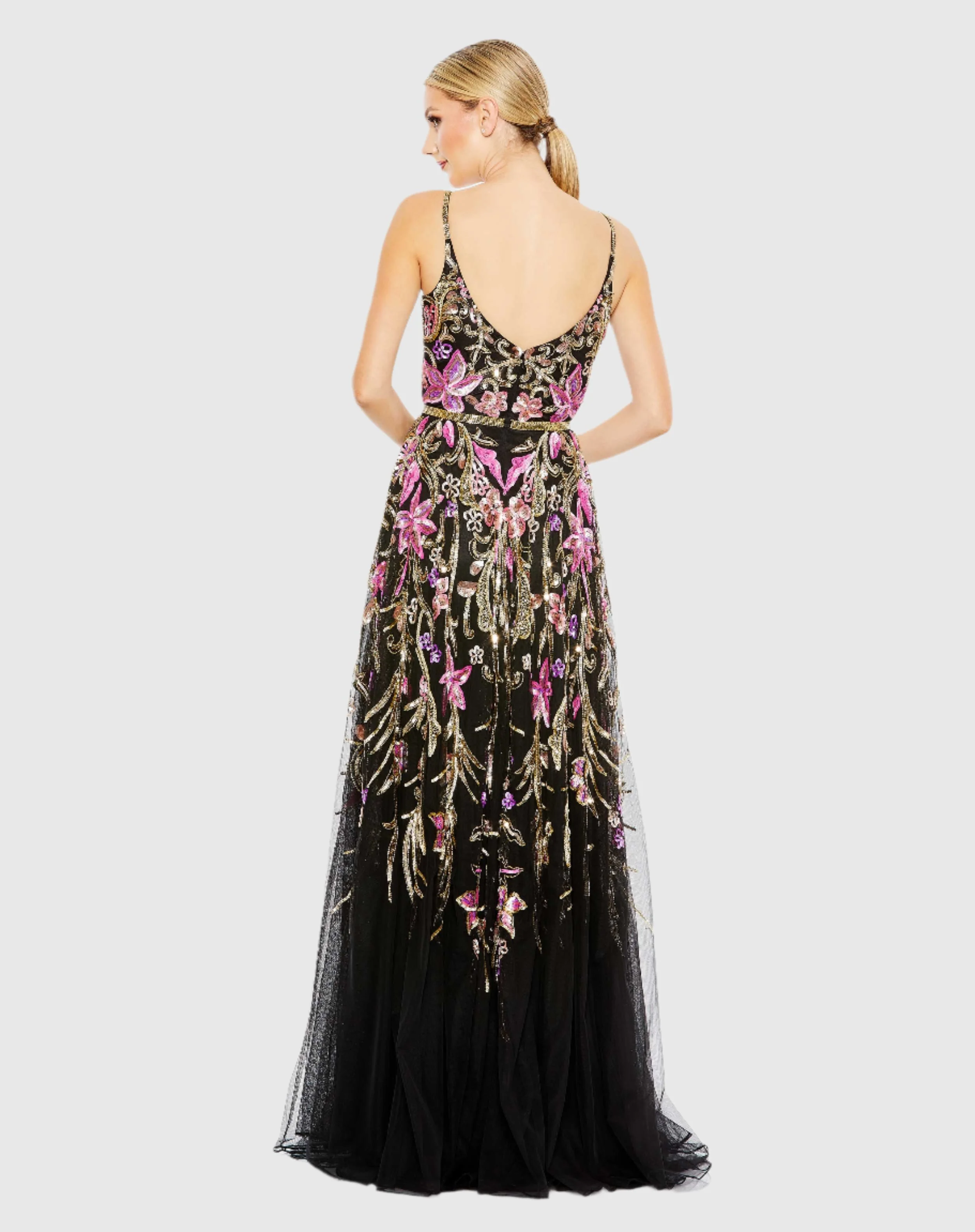 Black V Neck Floral Embellished Spaghetti Strap Gown