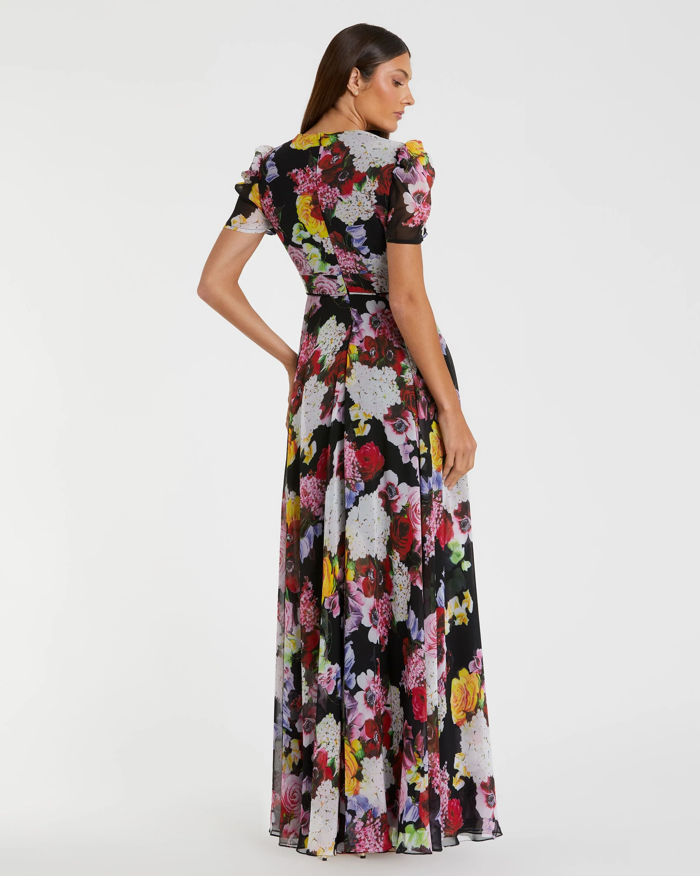 Black Floral Print Mesh Cap Sleeve Gown