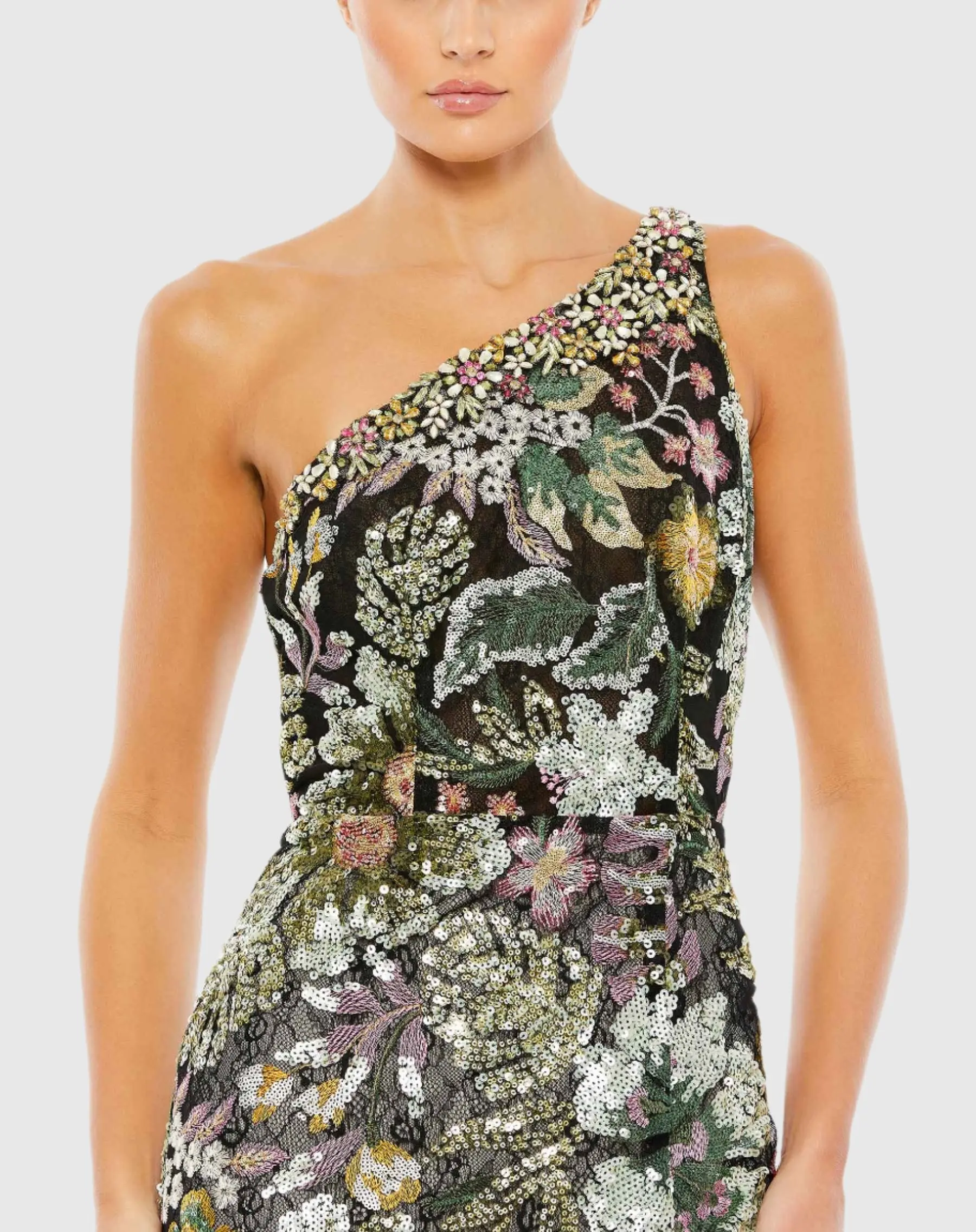 Embellished Floral One Shoulder Gown