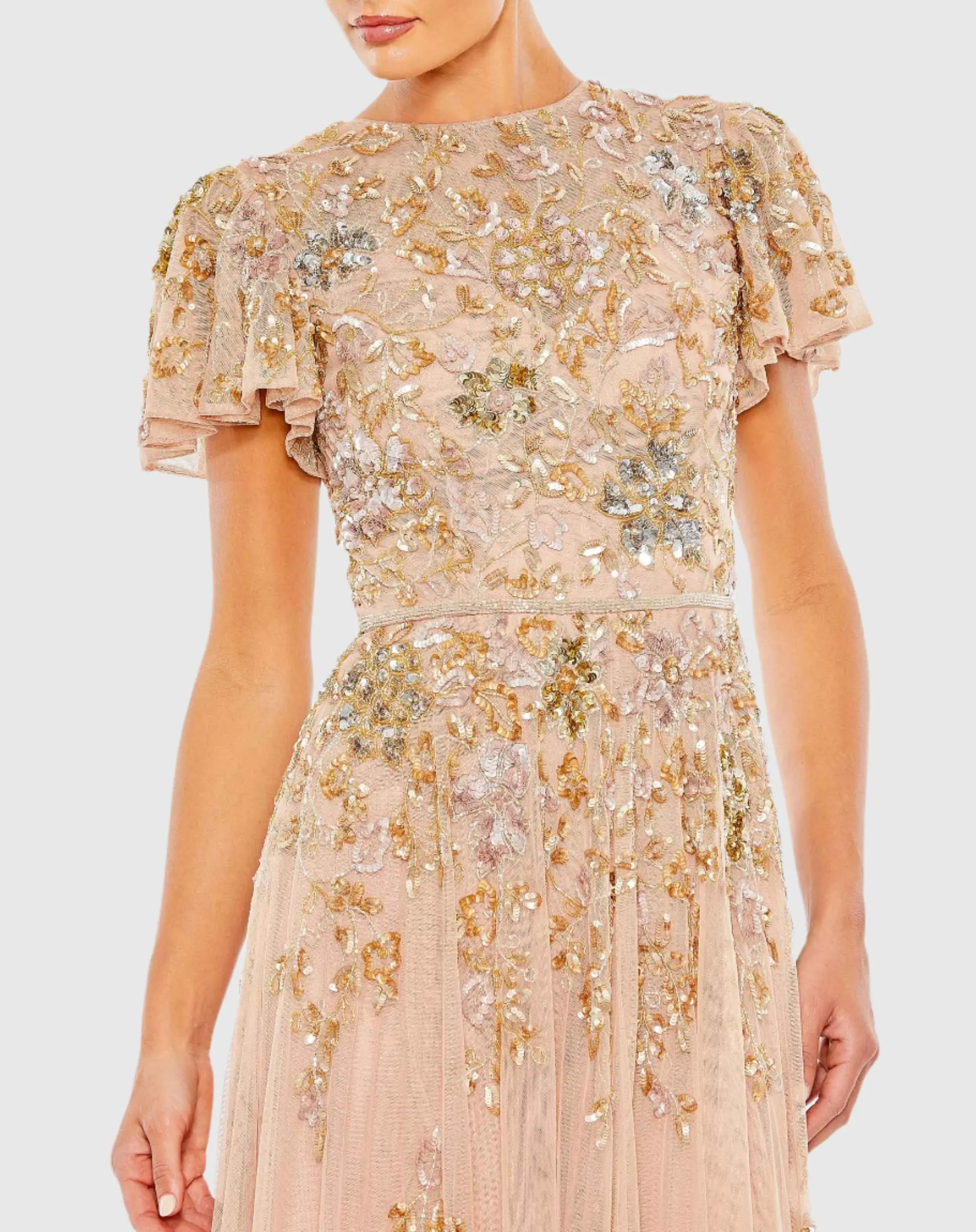 Pink Embellished Butterfly Sleeve High Neck Gown