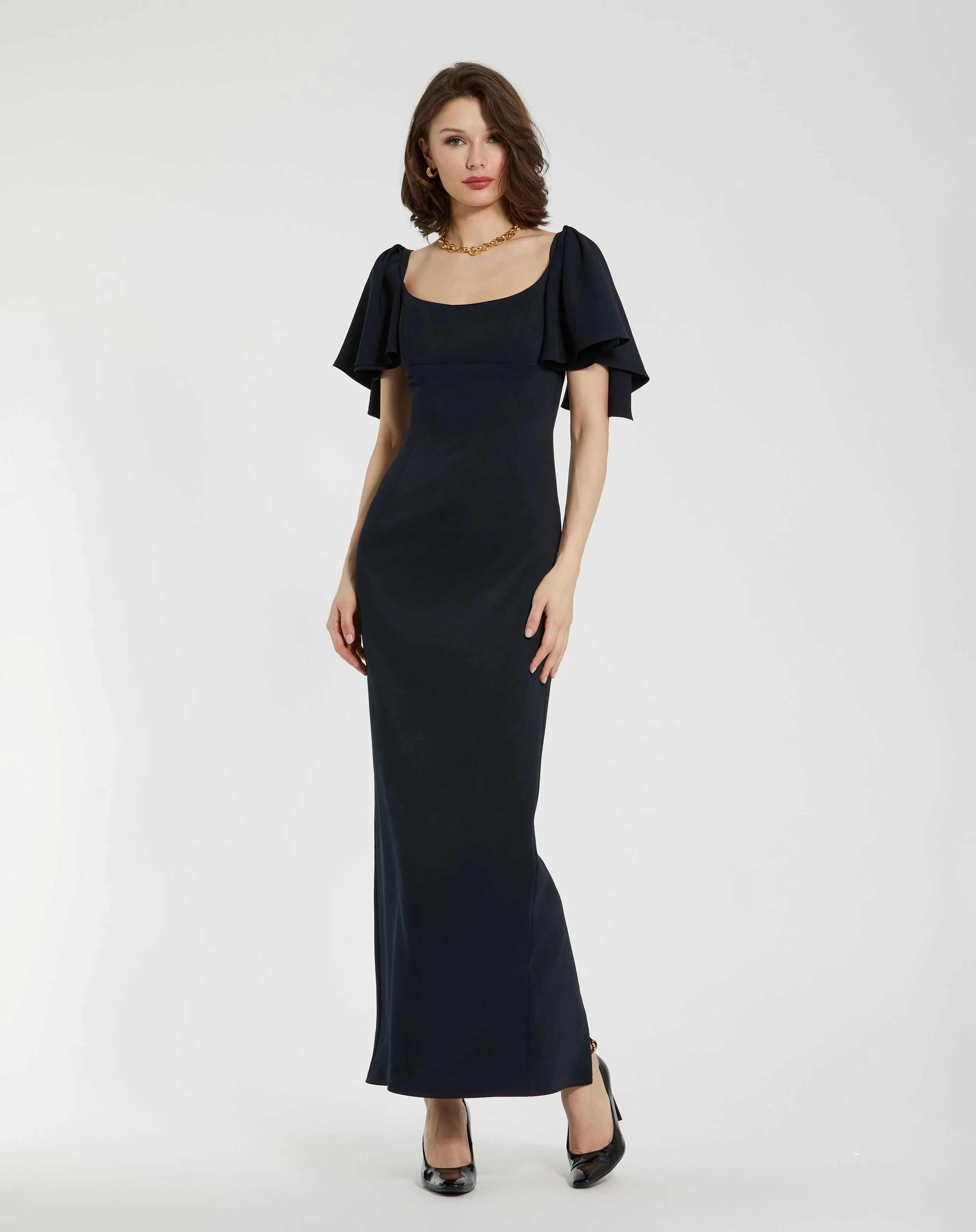 Navy Crepe Fitted Column Dress With Short Ruffle Sleeves