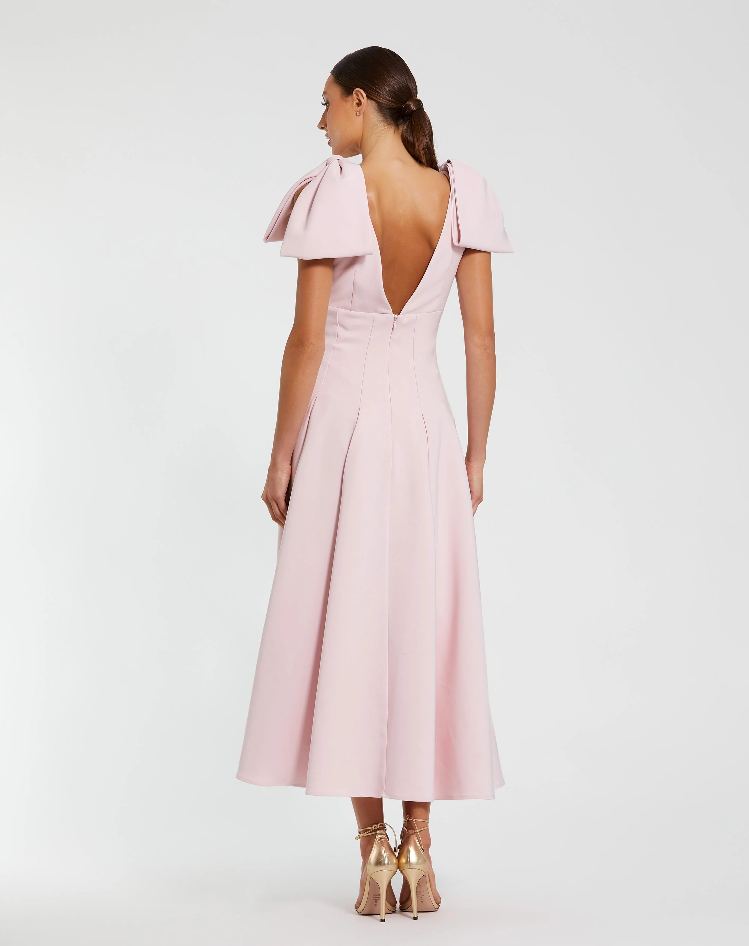 Pink Crepe A Line Midi Dress With Bow Straps