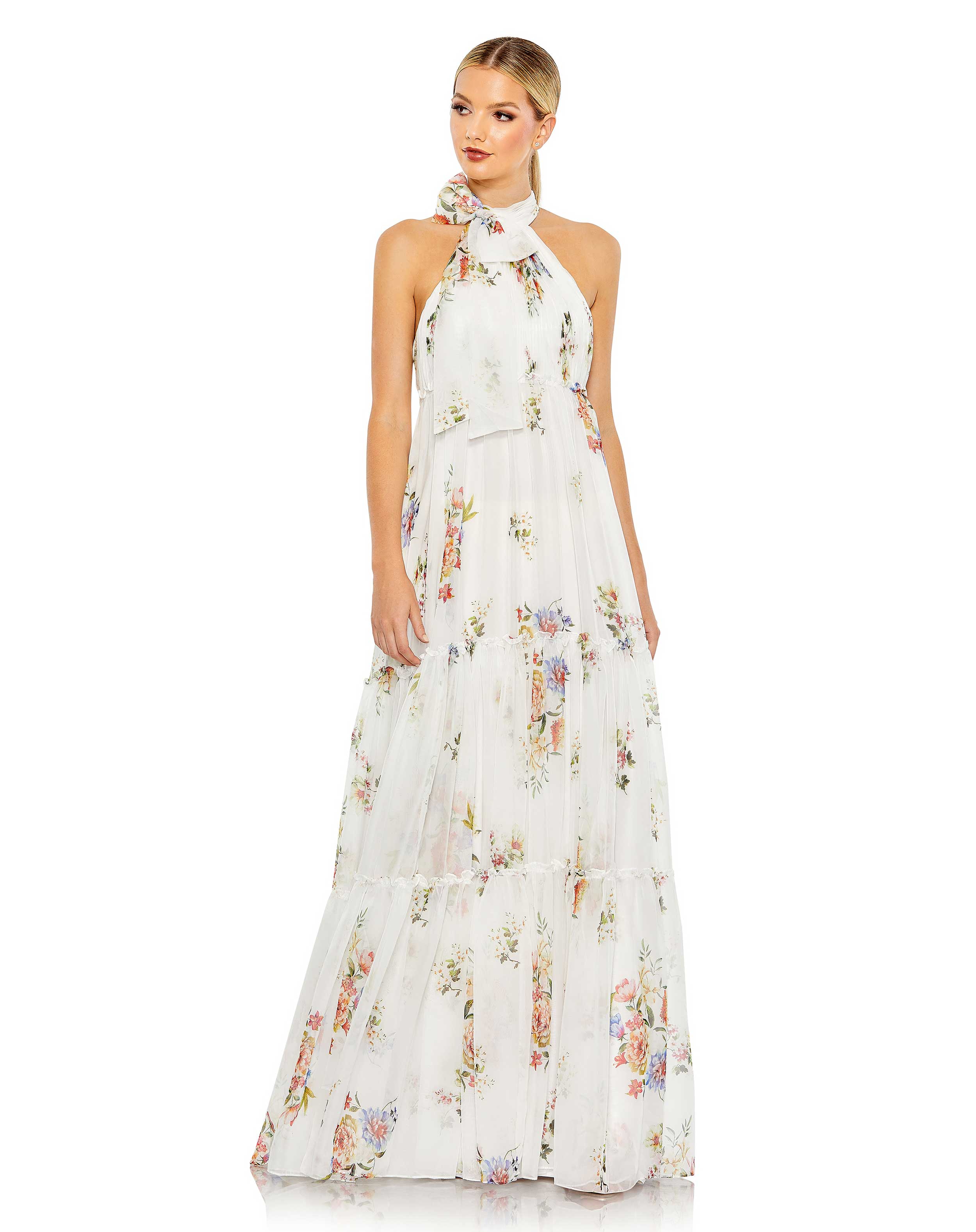White Floral Print Ruched Tiered High Neck Bow Gown